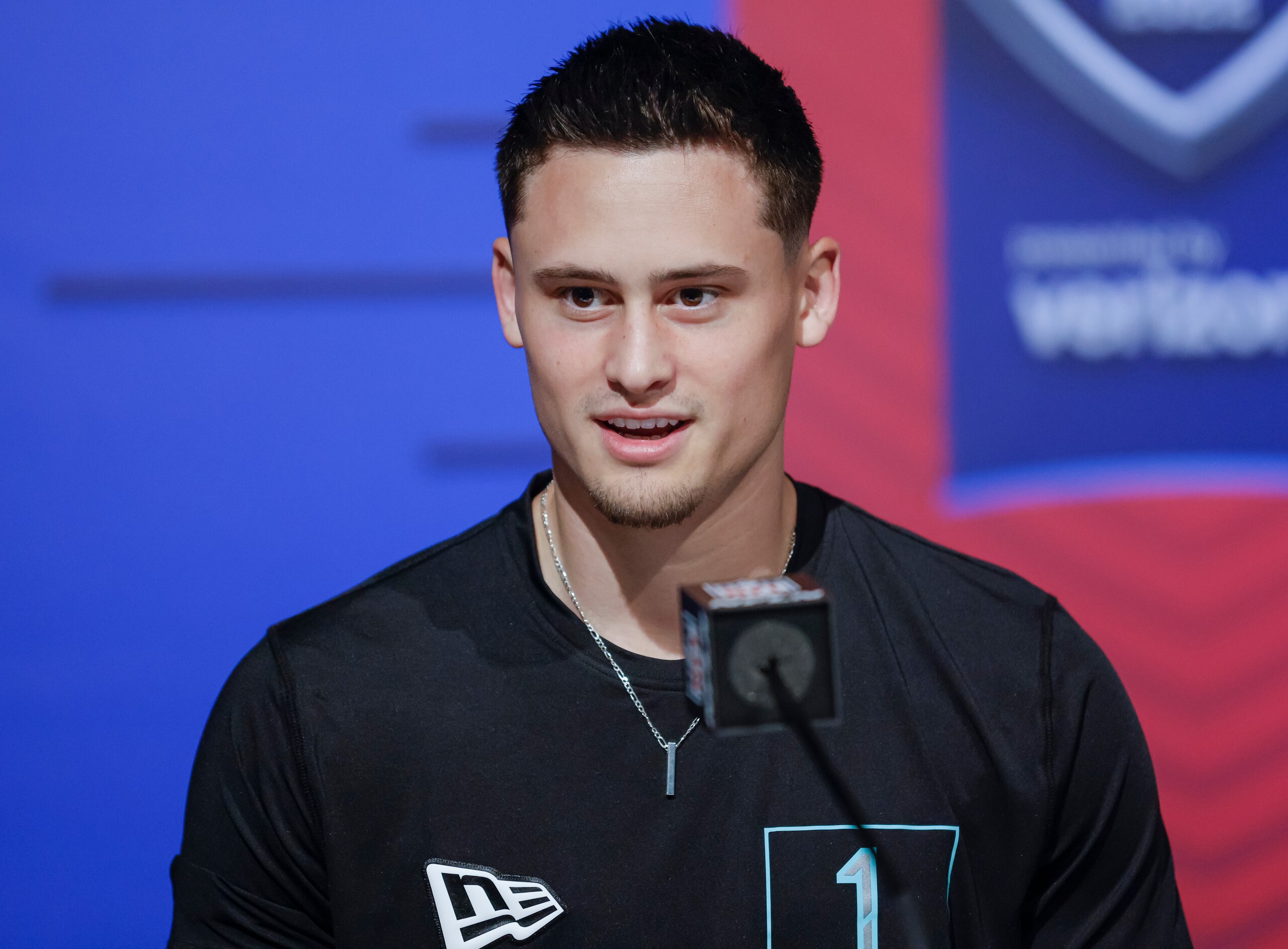 INDIANAPOLIS, IN - MARCH 5: Matt Araiza #PK01 of the San Diego State Aztecs speaks to reporters during the NFL Draft Combine at the Indiana Convention Center on March 5, 2022 in Indianapolis, Indiana. (Photo by Michael Hickey/Getty Images)