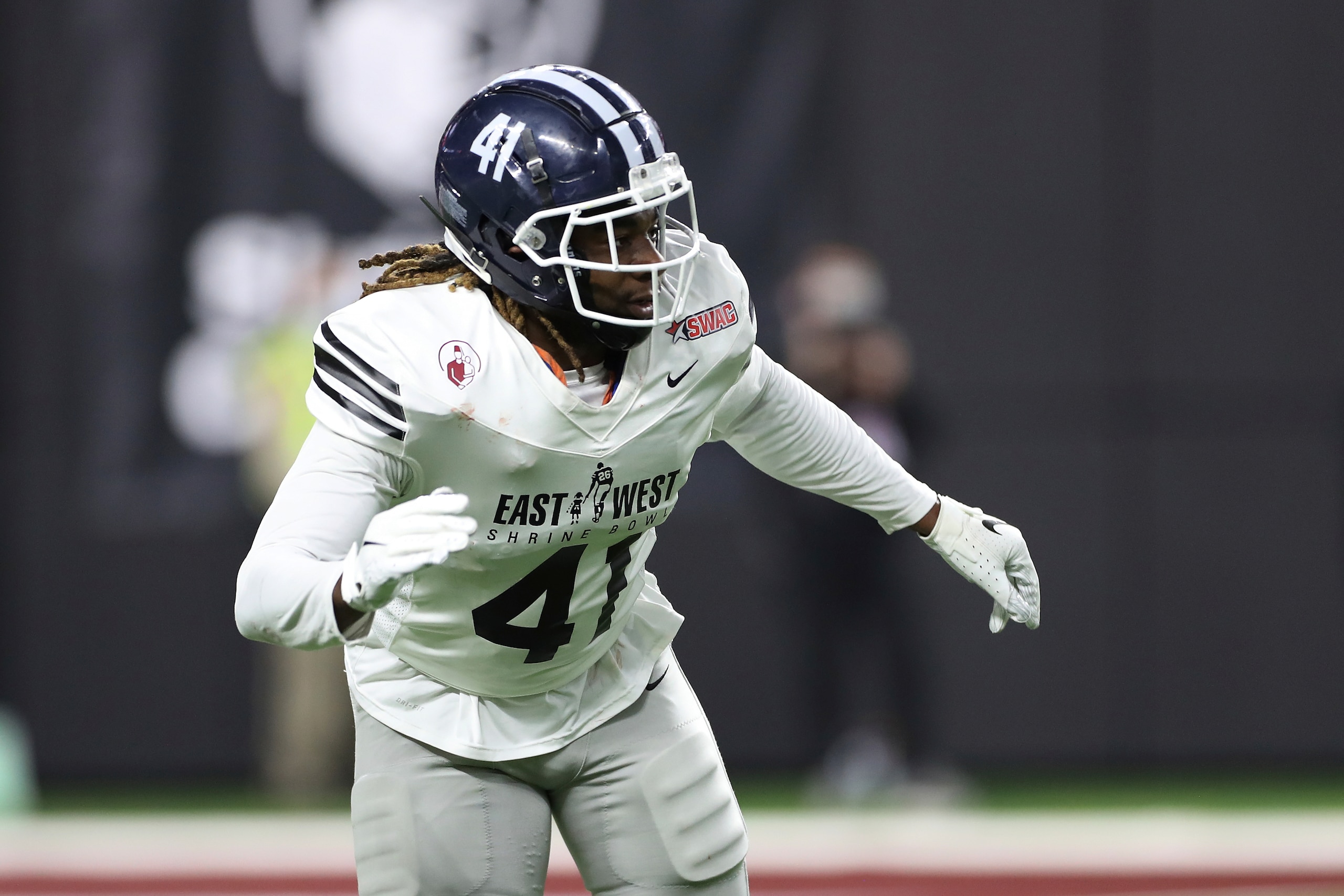 East linebacker James Houston IV, of Jackson State, (41) in coverage against the West during the East West Shrine Bowl football game at Allegiant Stadium in Las Vegas, Thursday, Feb. 3, 2022. (AP Photo/Gregory Payan)