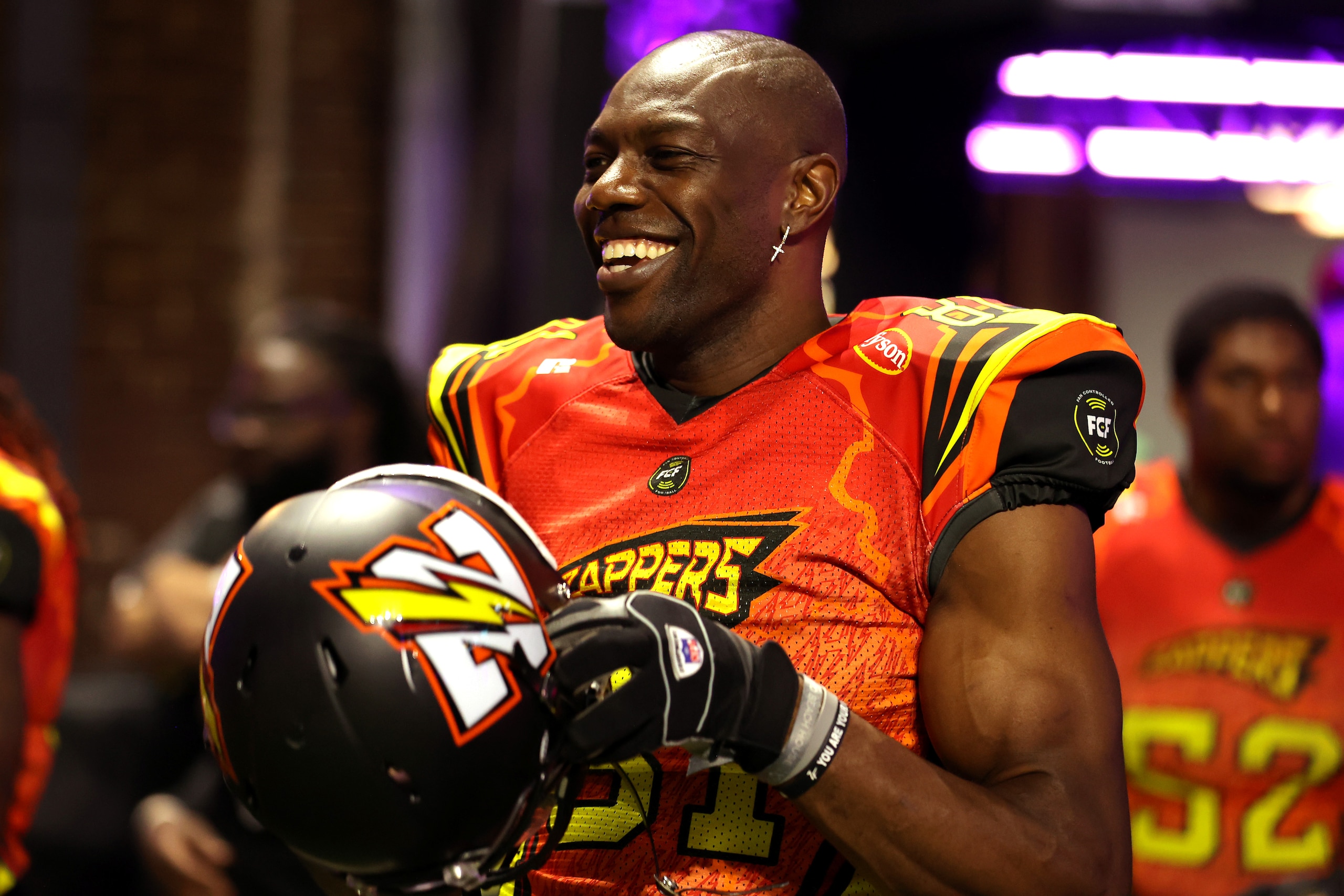 ATLANTA, GEORGIA - APRIL 23: Terrell Owens #81 of Zappers reacts before the game against the Glacier Boyz during Fan Controlled Football Season v2.0 - Week Two on April 23, 2022 in Atlanta, Georgia. (Photo by Casey Sykes/Fan Controlled Football/Getty Images)