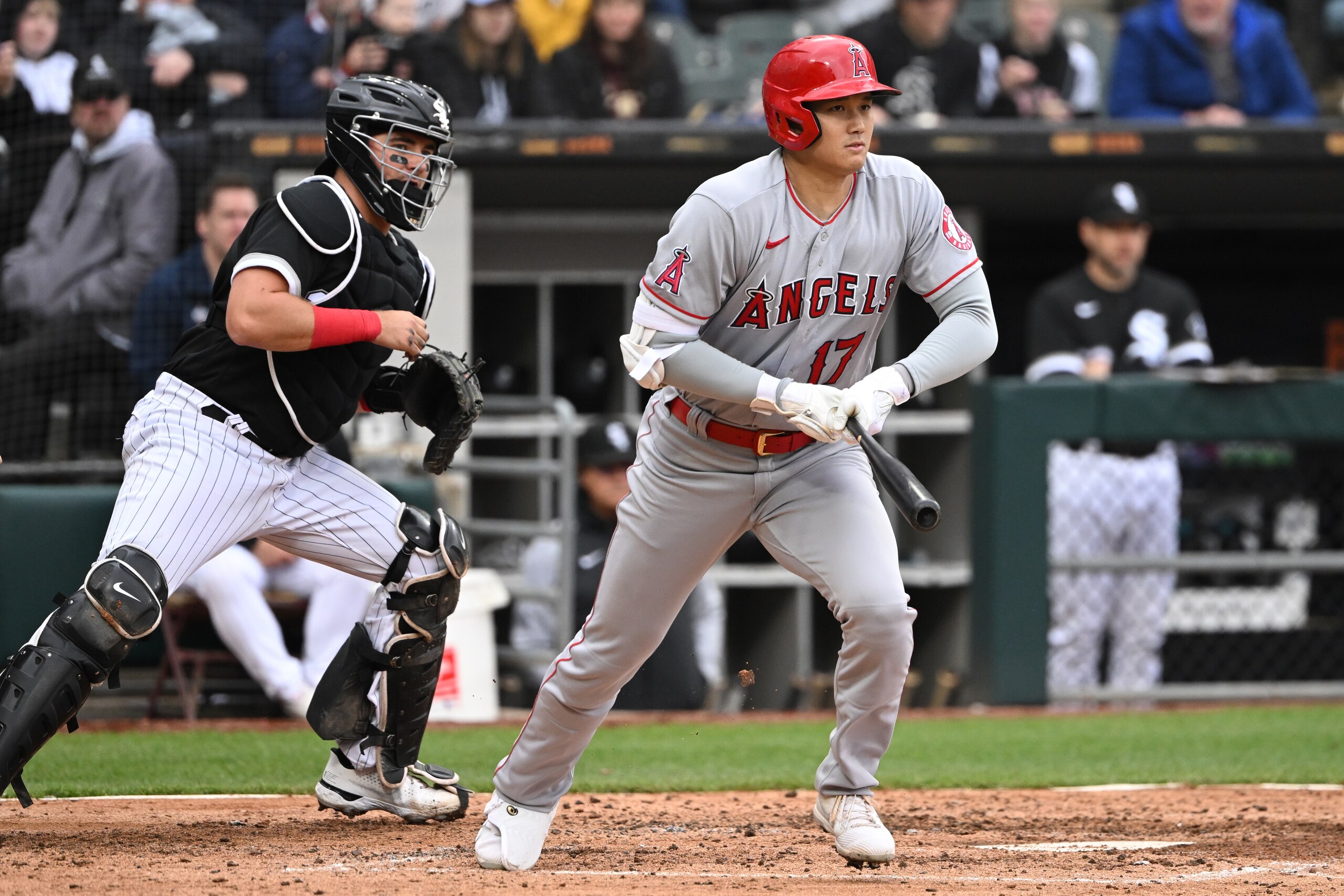 CHICAGO, ILLINOIS - MAY 01: Shohei Ohtani #17 of the Los Angeles Angels bats in the fourth inning against the Chicago White Sox at Guaranteed Rate Field on May 01, 2022 in Chicago, Illinois. (Photo by Quinn Harris/Getty Images)