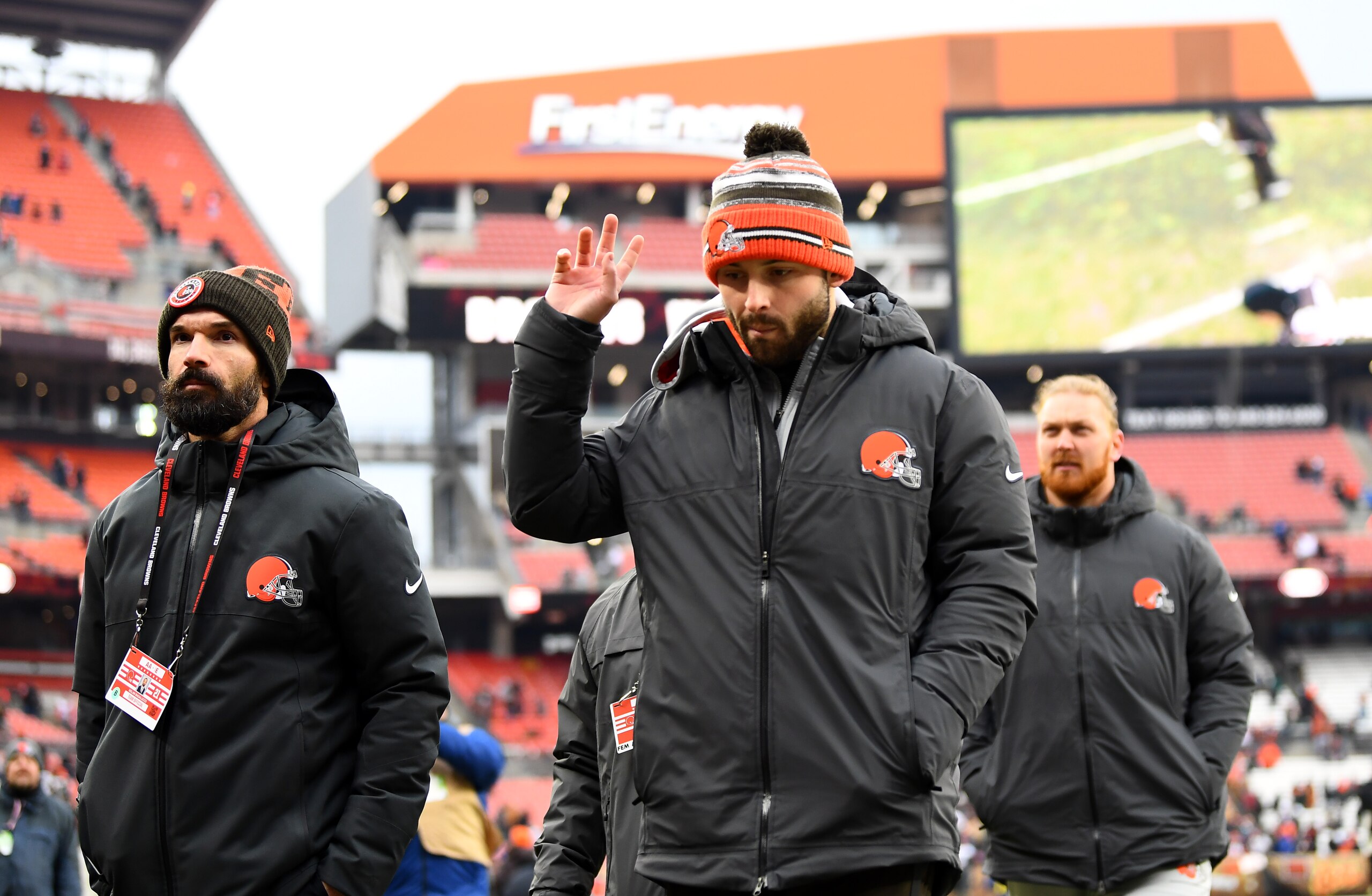 CLEVELAND, OHIO - JANUARY 09: Baker Mayfield #6 of the Cleveland Browns reacts as he walks off the field after Cleveland defeated the Cincinnati Bengals 21-1 at FirstEnergy Stadium on January 09, 2022 in Cleveland, Ohio. (Photo by Emilee Chinn/Getty Images)