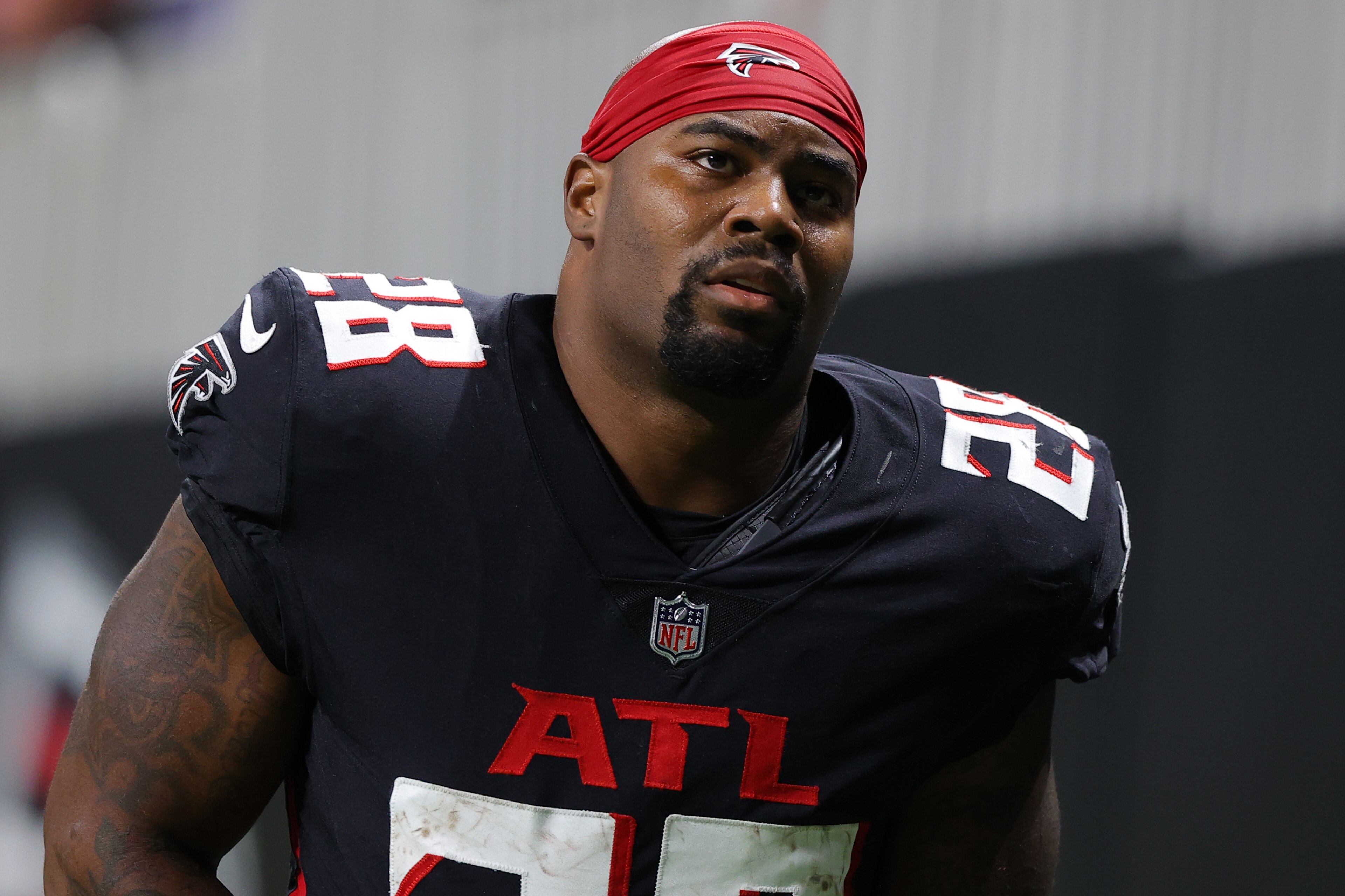 ATLANTA, GEORGIA - JANUARY 09: Mike Davis #28 of the Atlanta Falcons leaves the field after an injury during the fourth quarter in the game against the New Orleans Saints at Mercedes-Benz Stadium on January 09, 2022 in Atlanta, Georgia. (Photo by Todd Kirkland/Getty Images) ATLANTA, GEORGIA - JANUARY 09: Mike Davis #28 of the Atlanta Falcons leaves the field after an injury during the fourth quarter in the game against the New Orleans Saints at Mercedes-Benz Stadium on January 09, 2022 in Atlanta, Georgia. (Photo by Todd Kirkland/Getty Images)
