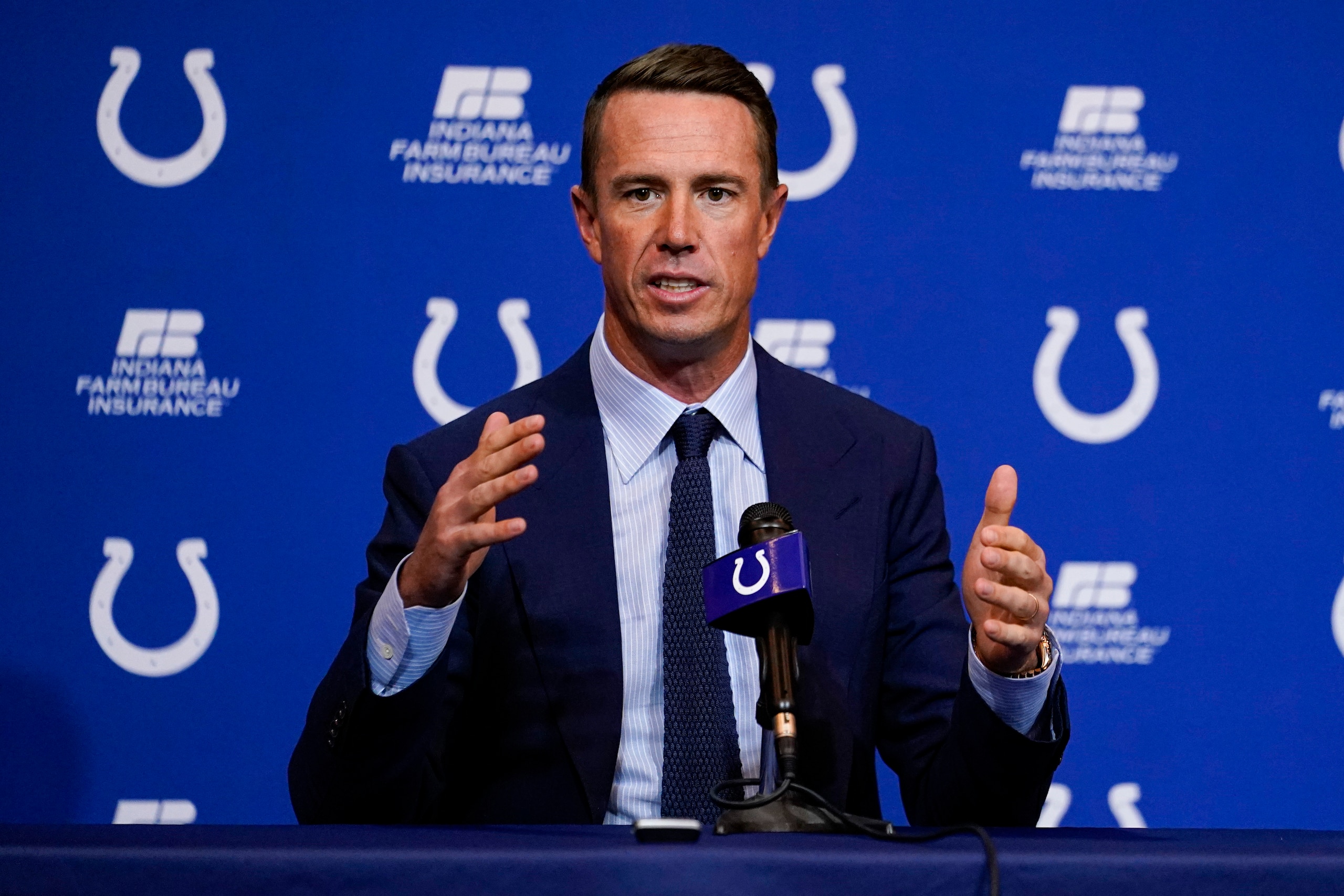 Indianapolis Colts quarterback Matt Ryan speaks during a news conference at the NFL team's practice facility in Indianapolis, Tuesday, March 22, 2022. (AP Photo/Michael Conroy) Indianapolis Colts quarterback Matt Ryan speaks during a news conference at the NFL team's practice facility in Indianapolis, Tuesday, March 22, 2022. (AP Photo/Michael Conroy)