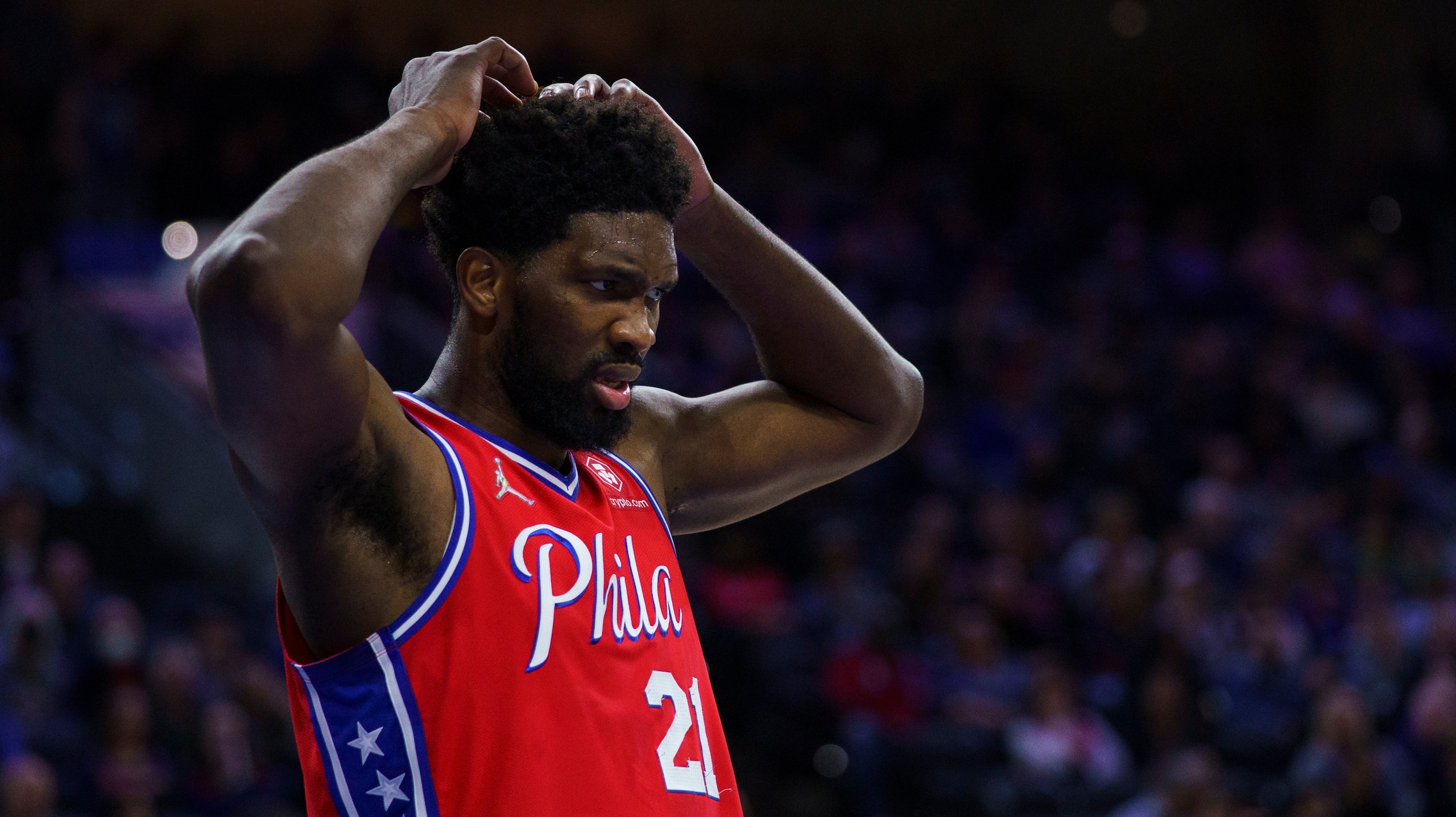 Philadelphia 76ers' Joel Embiid reacts during an NBA basketball game against the Indiana Pacers, Saturday, April 9, 2022, in Philadelphia. The 76ers won 133-120. (AP Photo/Chris Szagola) Philadelphia 76ers' Joel Embiid reacts during an NBA basketball game against the Indiana Pacers, Saturday, April 9, 2022, in Philadelphia. The 76ers won 133-120. (AP Photo/Chris Szagola)