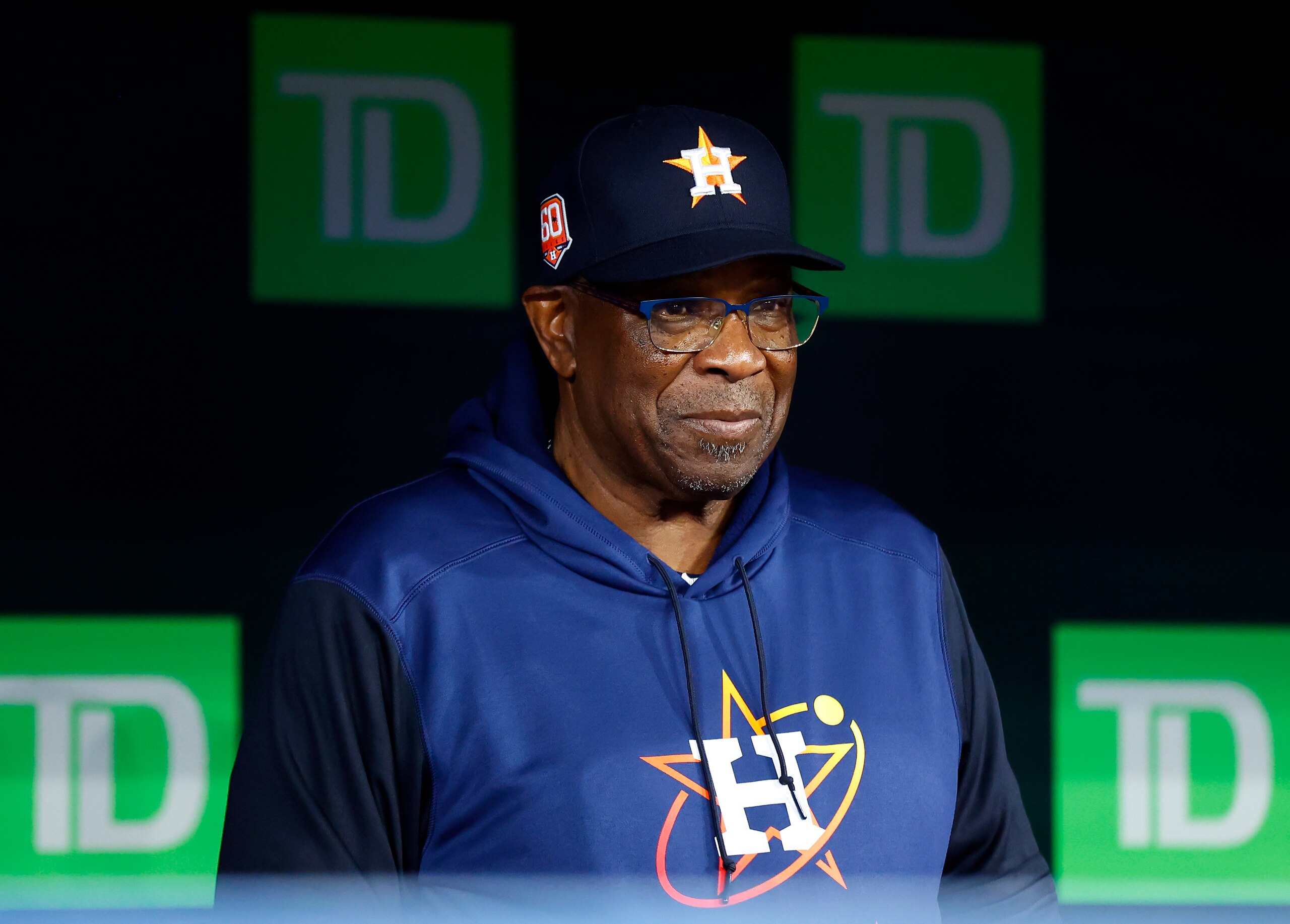 TORONTO, ON - MAY 1:  Manager Dusty Baker of the Houston Astros looks on from the dugout prior to a MLB game against the Toronto Blue Jays at Rogers Centre on May 1, 2022 in Toronto, Ontario, Canada.  (Photo by Vaughn Ridley/Getty Images)