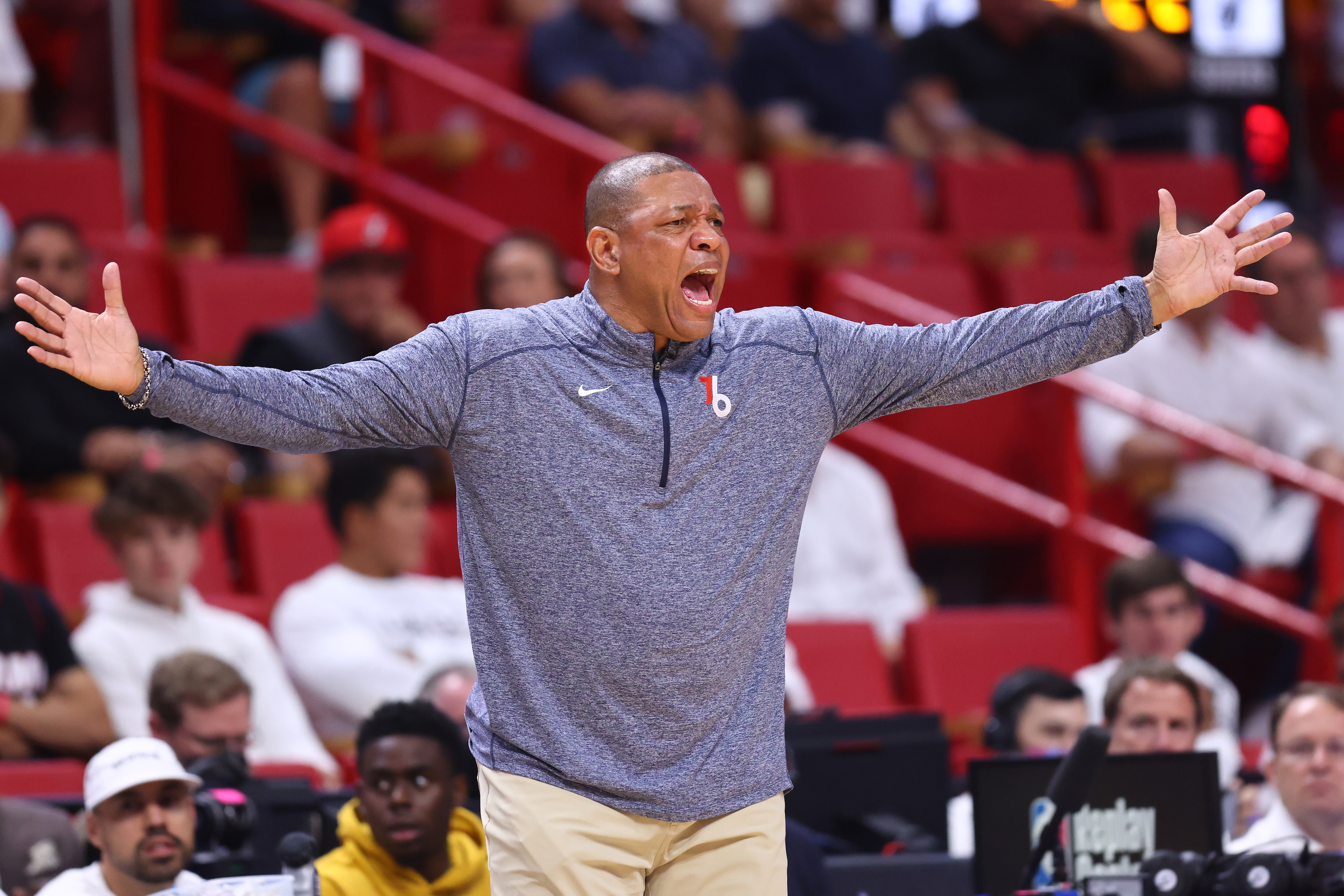 MIAMI, FLORIDA - MAY 04: Head coach Doc Rivers of the Philadelphia 76ers reacts against the Miami Heat during the first half in Game Two of the Eastern Conference Semifinals at FTX Arena on May 04, 2022 in Miami, Florida. NOTE TO USER: User expressly acknowledges and agrees that, by downloading and or using this photograph, User is consenting to the terms and conditions of the Getty Images License Agreement. (Photo by Michael Reaves/Getty Images)