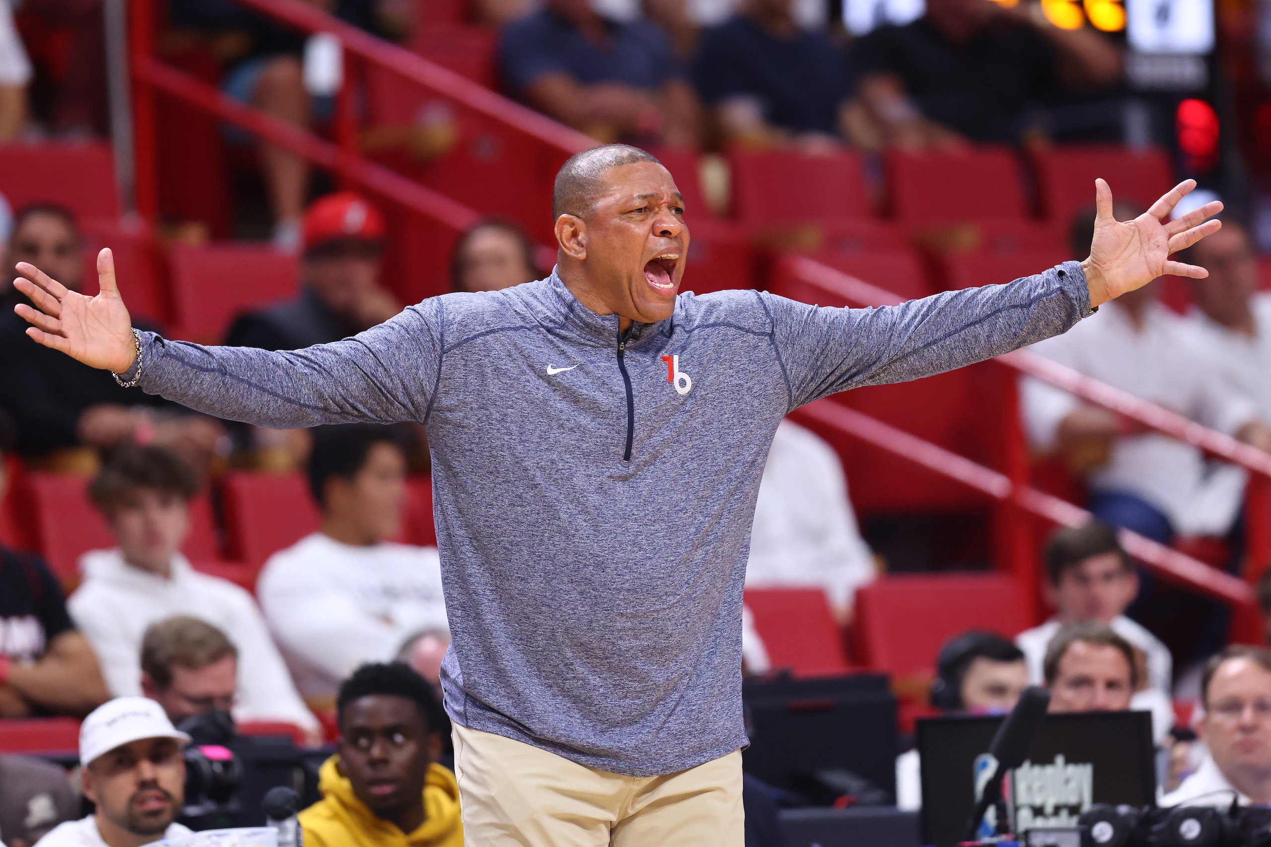 MIAMI, FLORIDA - MAY 04: Head coach Doc Rivers of the Philadelphia 76ers reacts against the Miami Heat during the first half in Game Two of the Eastern Conference Semifinals at FTX Arena on May 04, 2022 in Miami, Florida. NOTE TO USER: User expressly acknowledges and agrees that, by downloading and or using this photograph, User is consenting to the terms and conditions of the Getty Images License Agreement. (Photo by Michael Reaves/Getty Images)