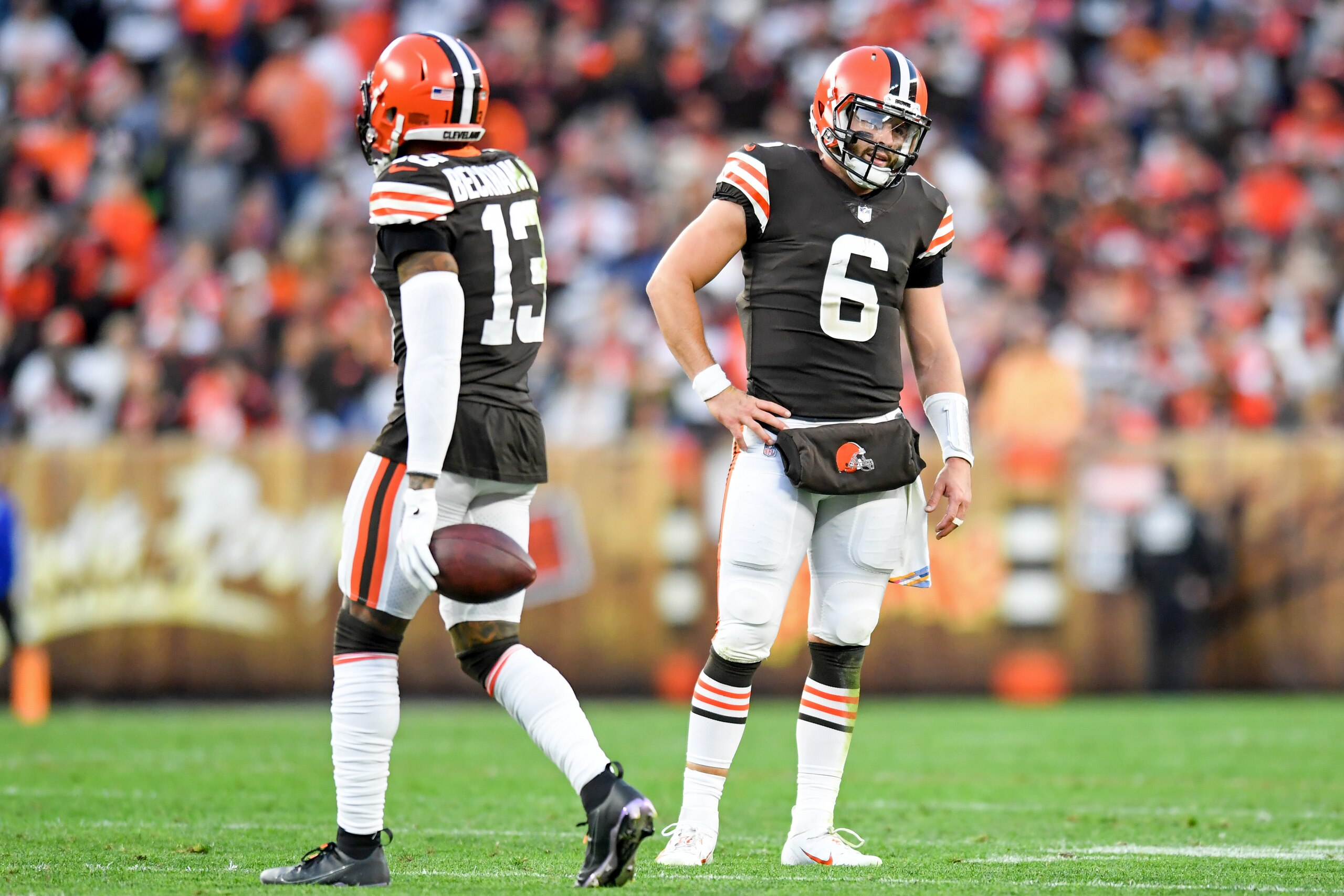CLEVELAND, OH - OCTOBER 17: Baker Mayfield #6 and Odell Beckham Jr. #13 of the Cleveland Browns reacts to a flag in the fourth quarter against the Arizona Cardinals at FirstEnergy Stadium on October 17, 2021 in Cleveland, Ohio. (Photo by Nick Cammett/Diamond Images via Getty Images)