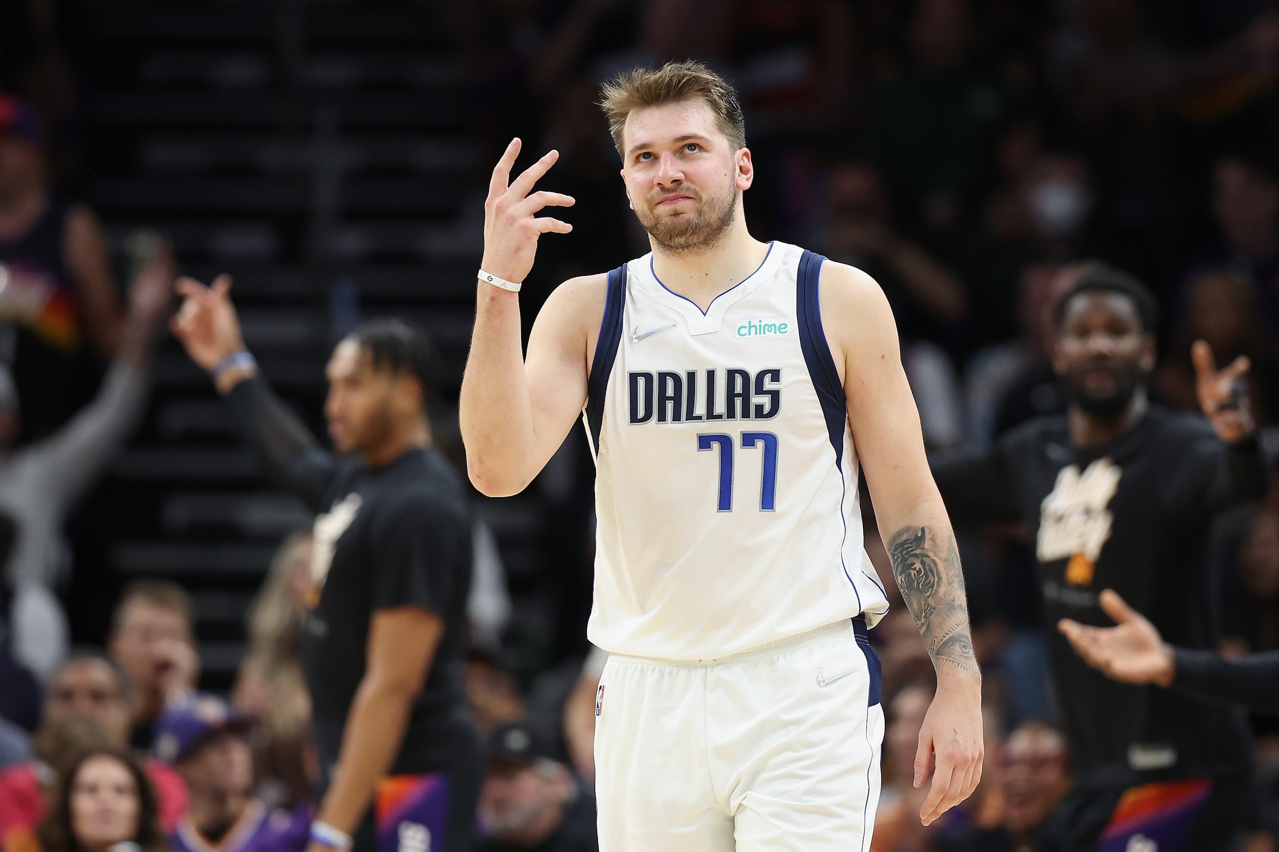 PHOENIX, ARIZONA - MAY 02: Luka Doncic #77 of the Dallas Mavericks reacts during the second half of Game One of the Western Conference Second Round NBA Playoffs against the Phoenix Suns at Footprint Center on May 02, 2022 in Phoenix, Arizona.  The Suns defeated the Mavericks 121-114. NOTE TO USER: User expressly acknowledges and agrees that, by downloading and or using this photograph, User is consenting to the terms and conditions of the Getty Images License Agreement. (Photo by Christian Petersen/Getty Images)