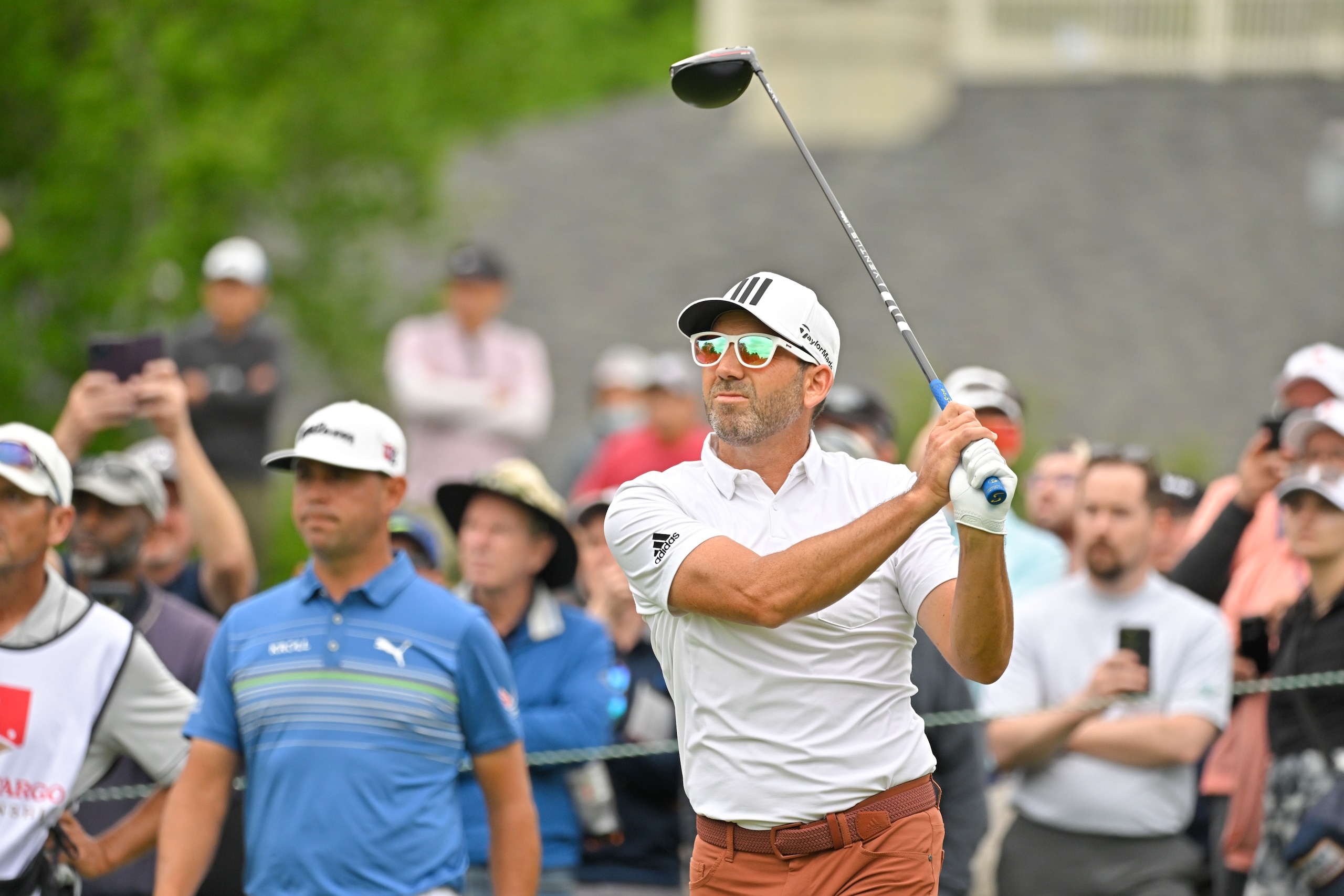 POTOMAC, MD - MAY 05: Sergio Garcia of Spain watches his drive on the first tee box during the first round of the Wells Fargo Championship at TPC Potomac at Avenel Farm on May 5, 2022 in Potomac, Maryland. (Photo by Ben Jared/PGA TOUR via Getty Images)