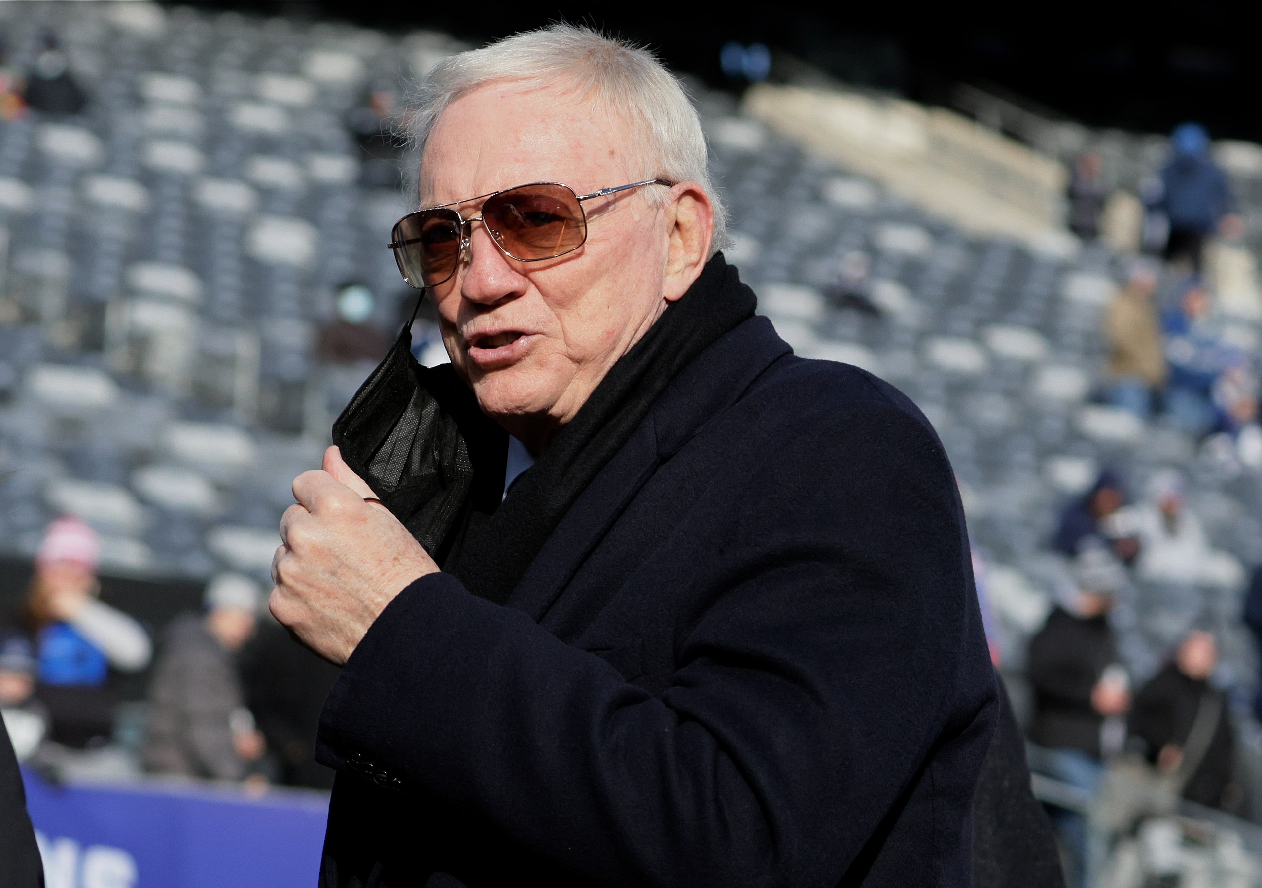 FILE - Dallas Cowboys owner Jerry Jones walks on the field before an NFL football game between the New York Giants and the Cowboys on Dec. 19, 2021, in East Rutherford, N.J. Alexandra Davis, 25, who grew up in North Texas, is suing Jones, claiming he is her biological father. Alexandra Davis says in a lawsuit filed last week in Dallas County that she was conceived from a relationship Jones had with her mother, Cynthia Davis, in the mid-1990s, The Dallas Morning News reported Wednesday, March 9, 2022. (AP Photo/Corey Sipkin, File) FILE - Dallas Cowboys owner Jerry Jones walks on the field before an NFL football game between the New York Giants and the Cowboys on Dec. 19, 2021, in East Rutherford, N.J. Alexandra Davis, 25, who grew up in North Texas, is suing Jones, claiming he is her biological father. Alexandra Davis says in a lawsuit filed last week in Dallas County that she was conceived from a relationship Jones had with her mother, Cynthia Davis, in the mid-1990s, The Dallas Morning News reported Wednesday, March 9, 2022. (AP Photo/Corey Sipkin, File)