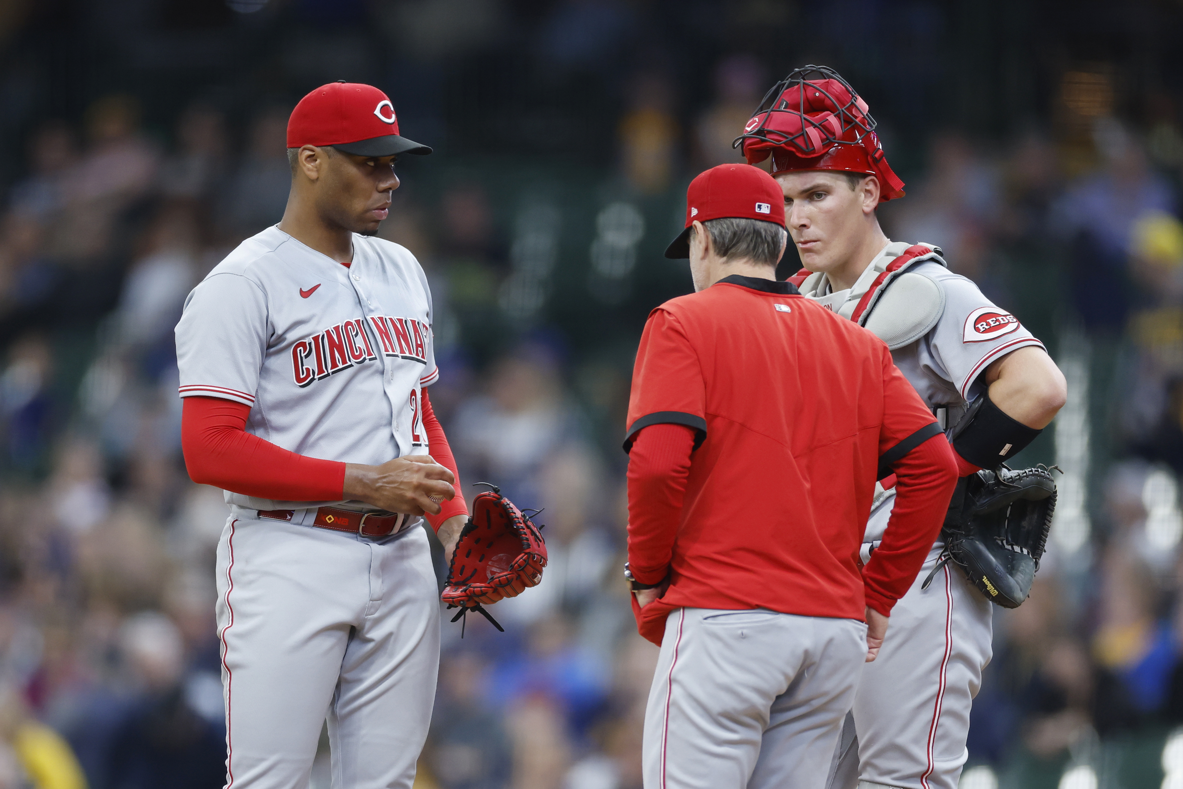 HOUSTON, TX - JUNE 17: Cincinnati Reds starting pitcher Hunter Greene (21)  delivers a pitch during the baseball game between the Cincinnati Reds and  Houston Astros at Minute Maid Park on June