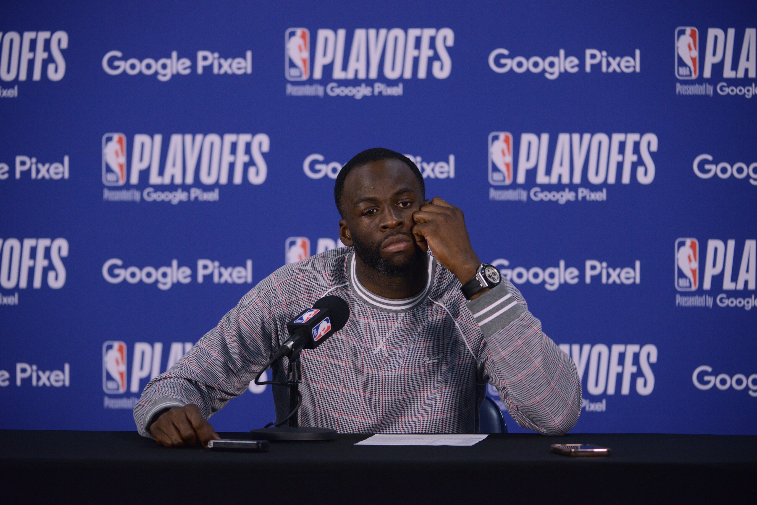 MEMPHIS, TN - MAY 3: Draymond Green #23 of the Golden State Warriors talks to the media after Game 2 of the 2022 NBA Playoffs Western Conference Semifinals on May 3, 2022 at FedExForum in Memphis, Tennessee. NOTE TO USER: User expressly acknowledges and agrees that, by downloading and or using this photograph, user is consenting to the terms and conditions of Getty Images License Agreement. Mandatory Copyright Notice: Copyright 2022 NBAE (Photo by Noah Graham/NBAE via Getty Images)