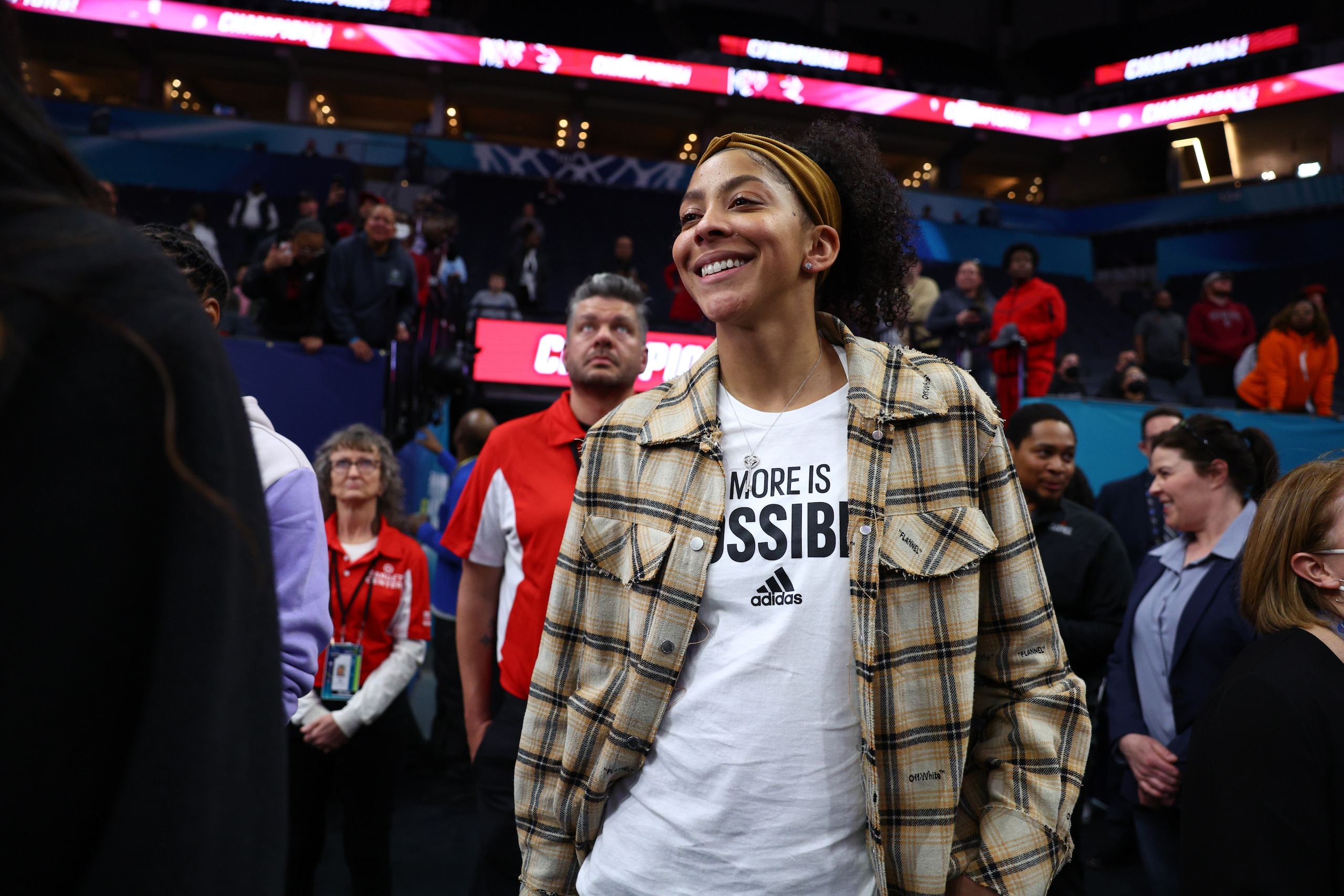 MINNEAPOLIS, MINNESOTA - APRIL 03: Candace Parker spotted at NCAA Women’s Championship game in adidas ‘More Is Possible’ tee to celebrate the 50th anniversary of Title IX at Target Center on April 03, 2022 in Minneapolis, Minnesota. (Photo by Elsa/Getty Images for adidas)