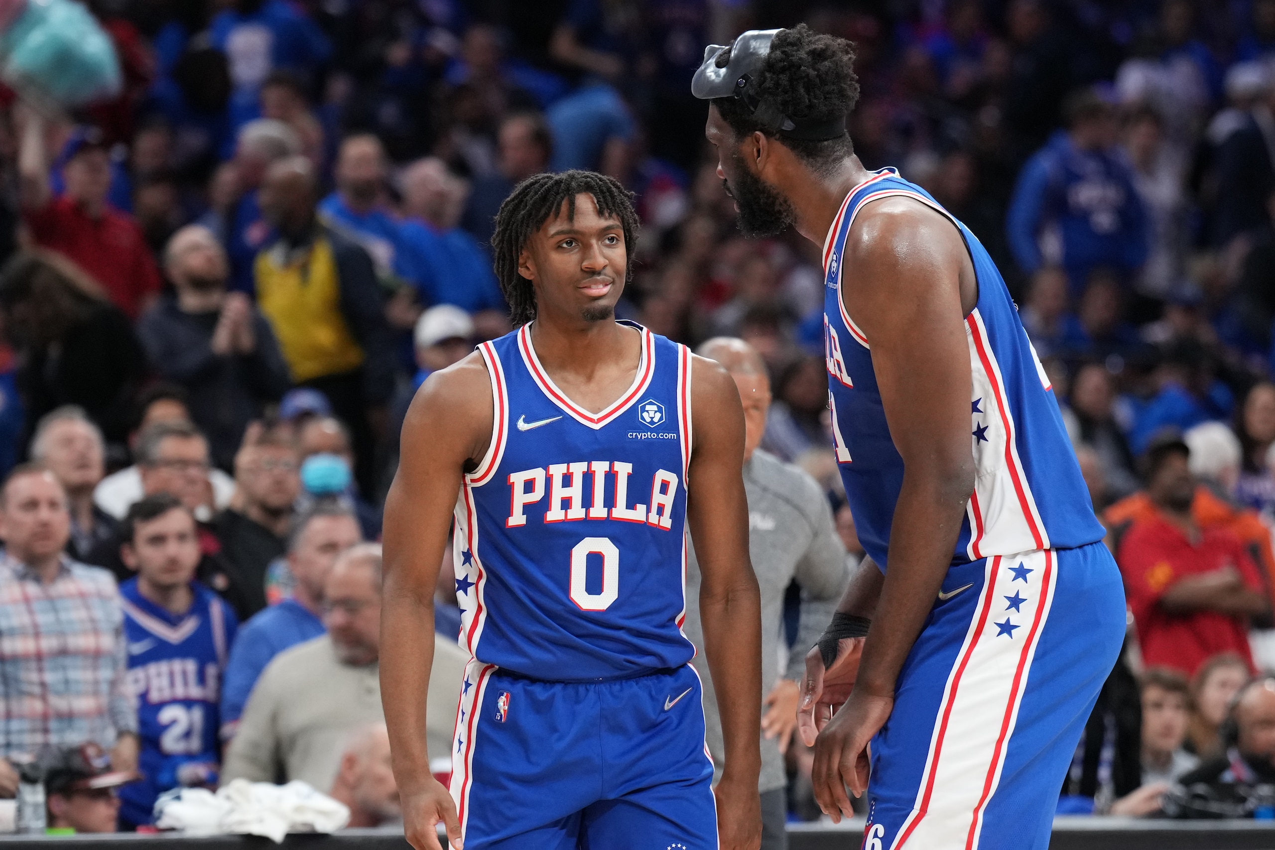 PHILADELPHIA, PA - MAY 6: Tyrese Maxey #0 of the Philadelphia 76ers talks with Tobias Harris #12 of the Philadelphia 76ers during Game 3 of the 2022 NBA Playoffs Eastern Conference Semifinals on May 6, 2022 at the Wells Fargo Center in Philadelphia, Pennsylvania NOTE TO USER: User expressly acknowledges and agrees that, by downloading and/or using this Photograph, user is consenting to the terms and conditions of the Getty Images License Agreement. Mandatory Copyright Notice: Copyright 2022 NBAE (Photo by Jesse D. Garrabrant/NBAE via Getty Images)