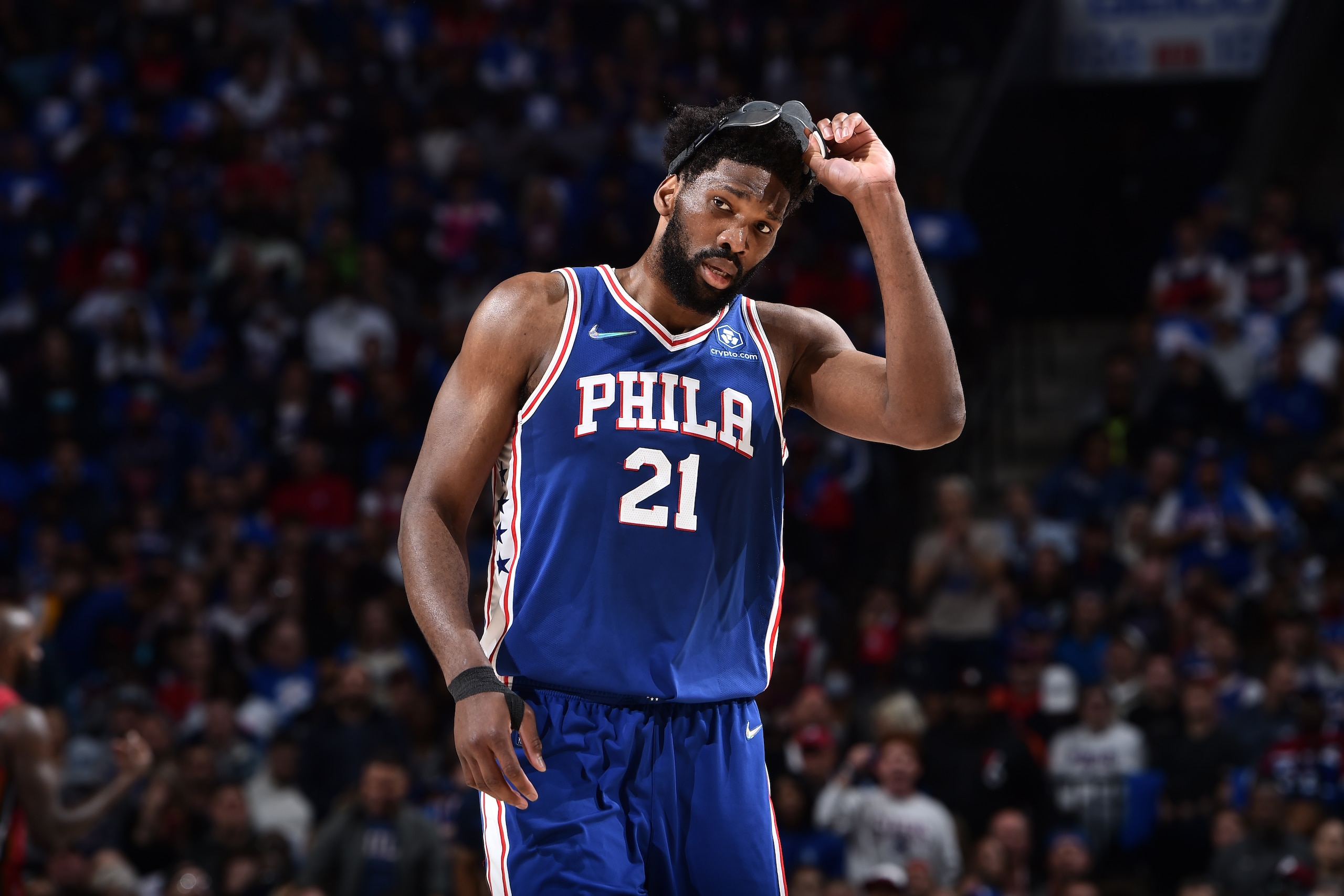 PHILADELPHIA, PA - MAY 6: Joel Embiid #21 of the Philadelphia 76ers looks on during the game against the Miami Heat during Game 3 of the 2022 NBA Playoffs Eastern Conference Semifinals on May 6, 2022 at the Wells Fargo Center in Philadelphia, Pennsylvania NOTE TO USER: User expressly acknowledges and agrees that, by downloading and/or using this Photograph, user is consenting to the terms and conditions of the Getty Images License Agreement. Mandatory Copyright Notice: Copyright 2022 NBAE (Photo by David Dow/NBAE via Getty Images)