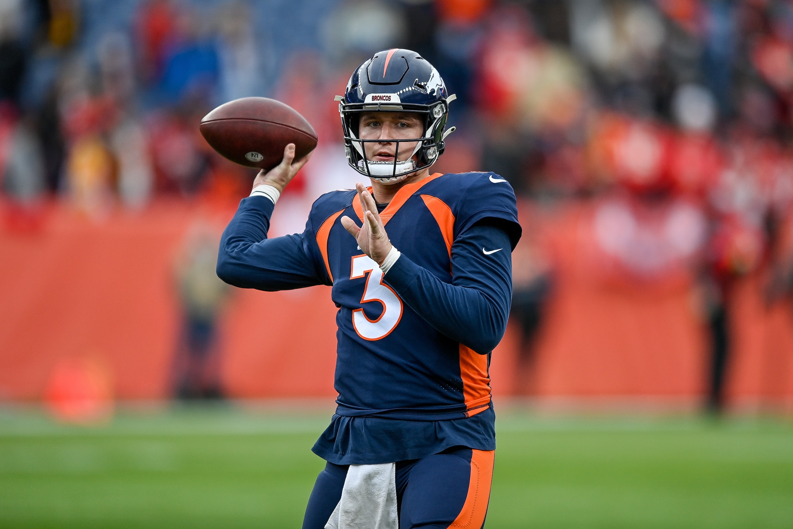 DENVER, COLORADO - JANUARY 08: Drew Lock #3 of the Denver Broncos warms up prior to facing the Kansas City Chiefs at Empower Field At Mile High on January 08, 2022 in Denver, Colorado. (Photo by Dustin Bradford/Getty Images)