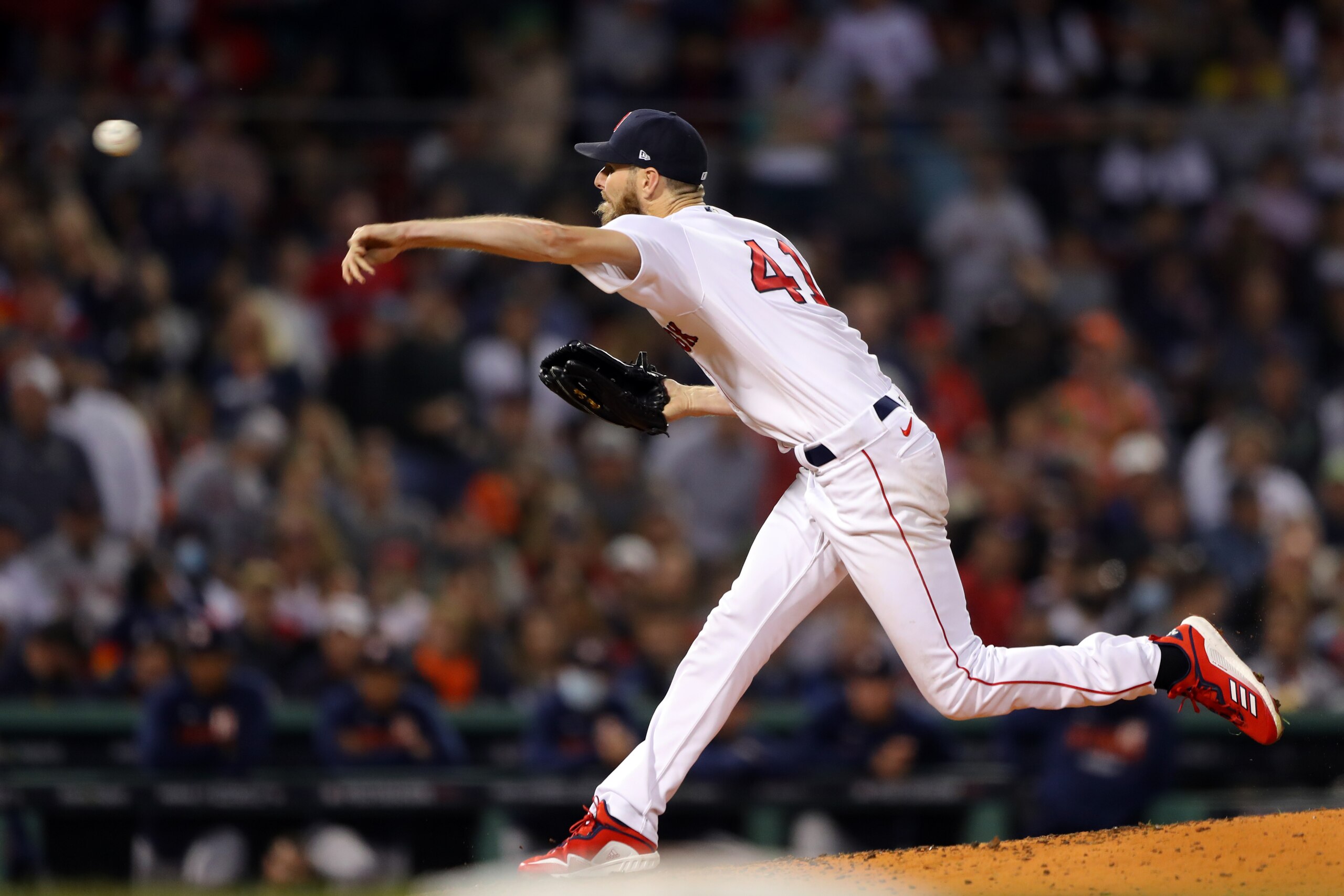 BOSTON, MA - OCTOBER 20:  Chris Sale #41 of the Boston Red Sox pitches during Game 5 of the ALCS between the Houston Astros and the Boston Red Sox at Fenway Park on Wednesday, October 20, 2021 in Boston, Massachusetts. (Photo by Mary DeCicco/MLB Photos via Getty Images)