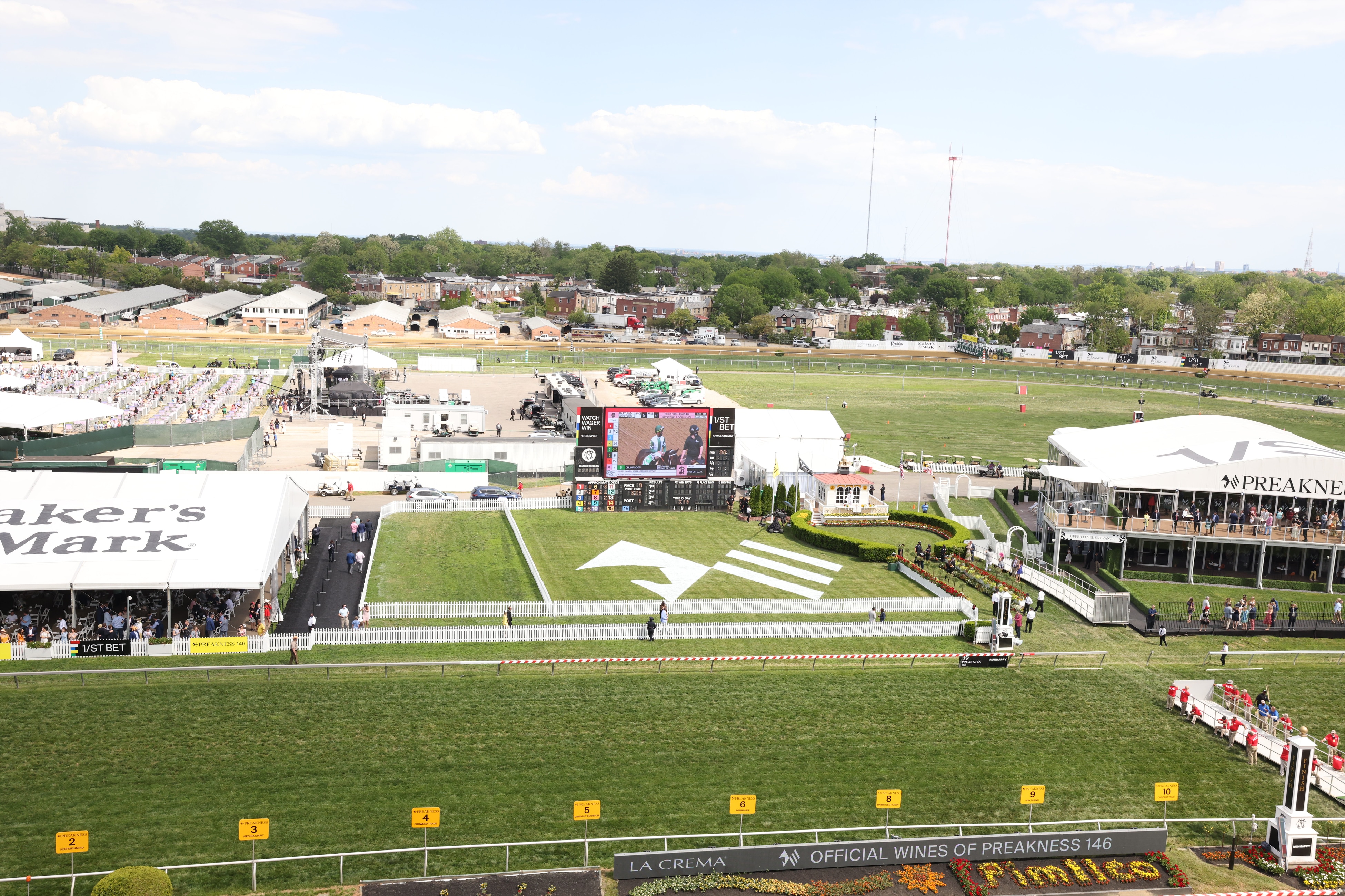 Horse Racing: 146th Preakness Stakes: Aerial view  of grandstands, winner's circle and partial view of grass track before race at Pimlico Race Course. Baltimore,  MD 5/15/2021 CREDIT: Simon Bruty (Photo by Simon Bruty/Sports Illustrated via Getty Images) (Set Number: X163618 TK1)