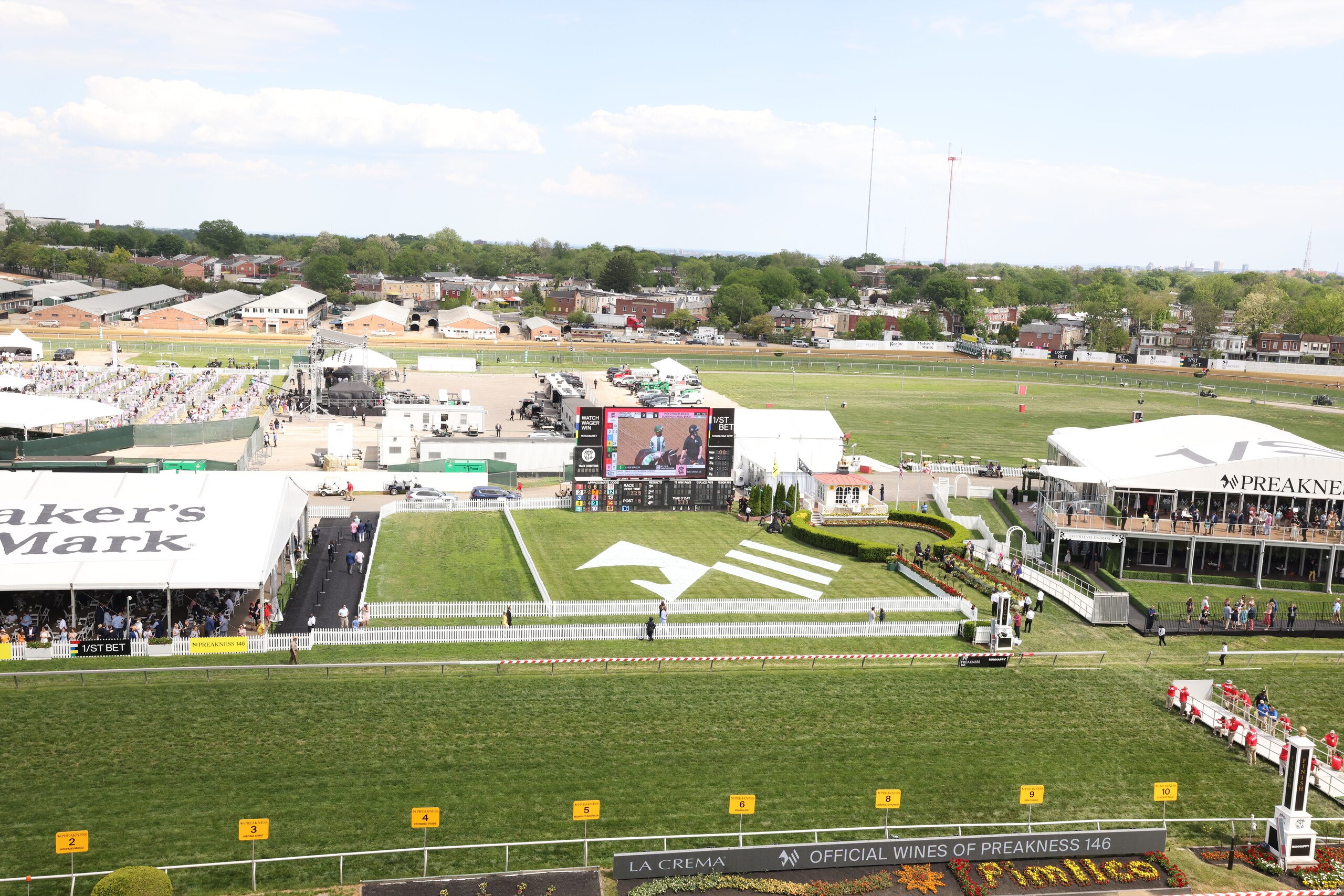 Horse Racing: 146th Preakness Stakes: Aerial view  of grandstands, winner's circle and partial view of grass track before race at Pimlico Race Course. Baltimore,  MD 5/15/2021 CREDIT: Simon Bruty (Photo by Simon Bruty/Sports Illustrated via Getty Images) (Set Number: X163618 TK1)