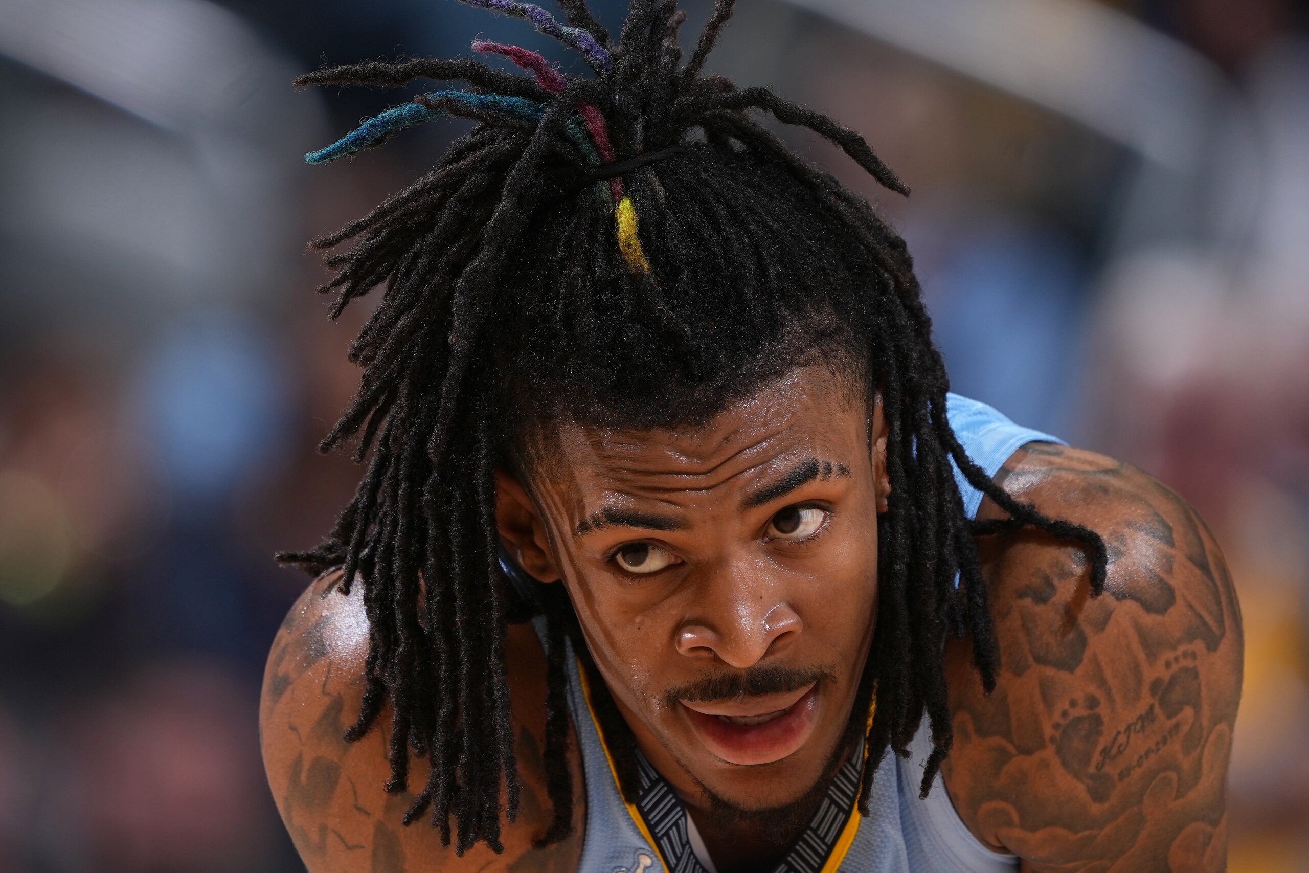 SAN FRANCISCO, CA - MAY 7: Ja Morant #12 of the Memphis Grizzlies looks on against the Golden State Warriors during Game 3 of the 2022 NBA Playoffs Western Conference Semifinals on May 7, 2022 at Chase Center in San Francisco, California. NOTE TO USER: User expressly acknowledges and agrees that, by downloading and or using this photograph, user is consenting to the terms and conditions of Getty Images License Agreement. Mandatory Copyright Notice: Copyright 2022 NBAE (Photo by Garrett Ellwood/NBAE via Getty Images)