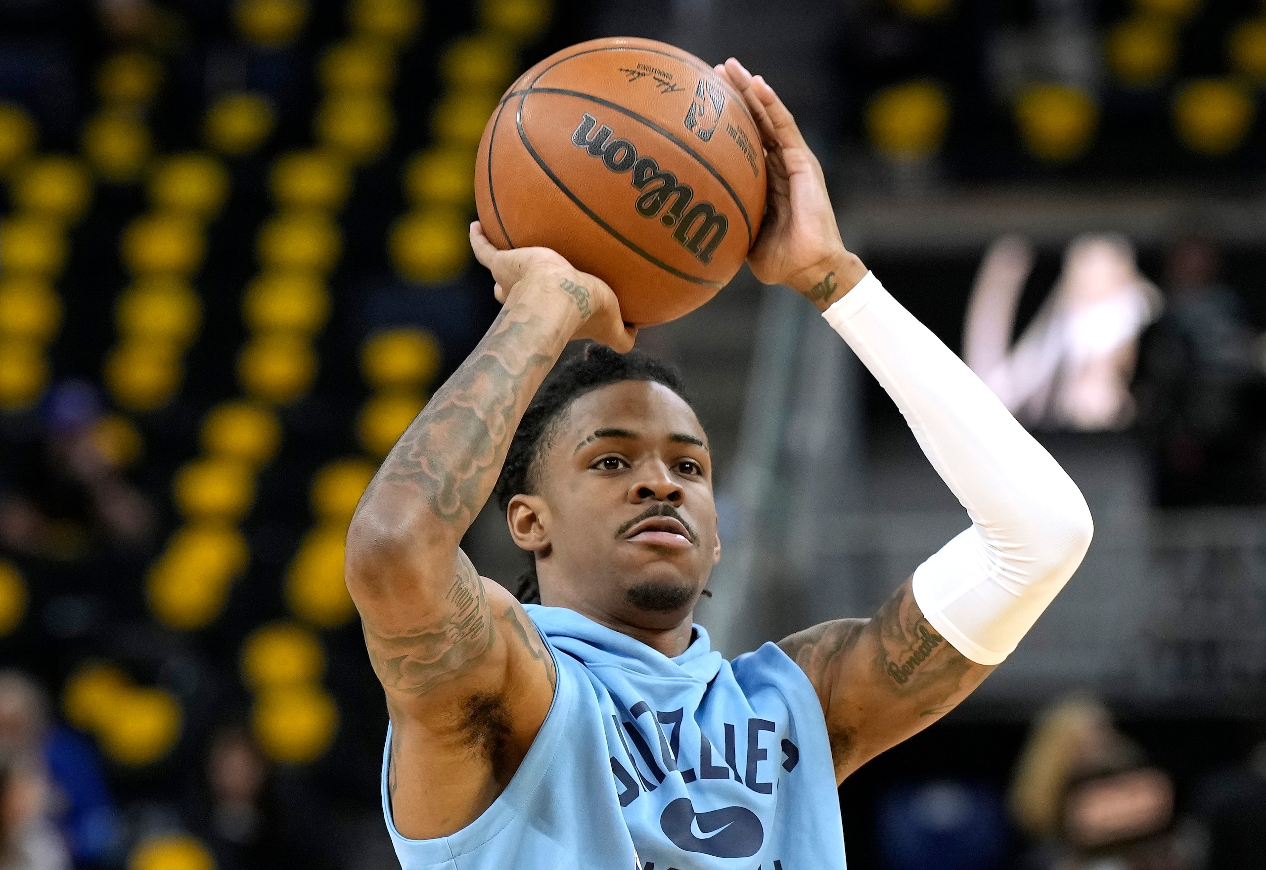 SAN FRANCISCO, CALIFORNIA - MAY 07: Ja Morant #12 of the Memphis Grizzlies warms up prior to playing the Golden State Warriors in Game Three of the Western Conference Semifinals of the NBA Playoffs at Chase Center on May 07, 2022 in San Francisco, California. NOTE TO USER: User expressly acknowledges and agrees that, by downloading and or using this photograph, User is consenting to the terms and conditions of the Getty Images License Agreement. (Photo by Thearon W. Henderson/Getty Images)