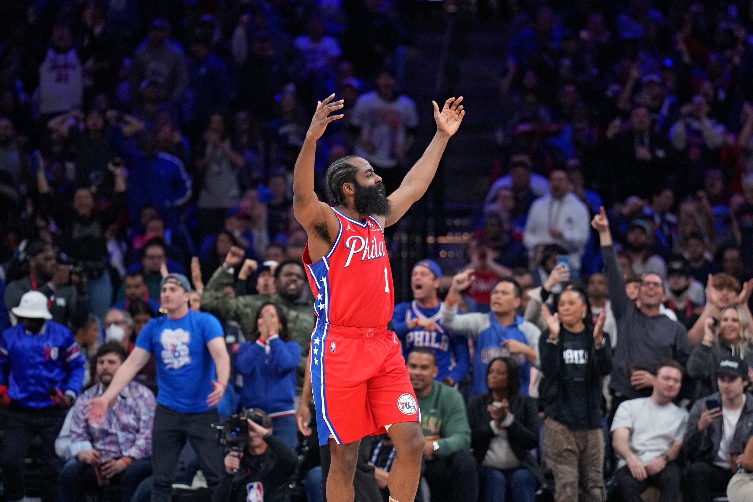 PHILADELPHIA, PA - MAY 8: James Harden #1 of the Philadelphia 76ers reacts during Game 4 of the 2022 NBA Playoffs Eastern Conference Semifinals on May 8, 2022 at Wells Fargo Center in Philadelphia, Pennsylvania. NOTE TO USER: User expressly acknowledges and agrees that, by downloading and/or using this Photograph, user is consenting to the terms and conditions of the Getty Images License Agreement. Mandatory Copyright Notice: Copyright 2022 NBAE (Photo by Jesse D. Garrabrant/NBAE via Getty Images)