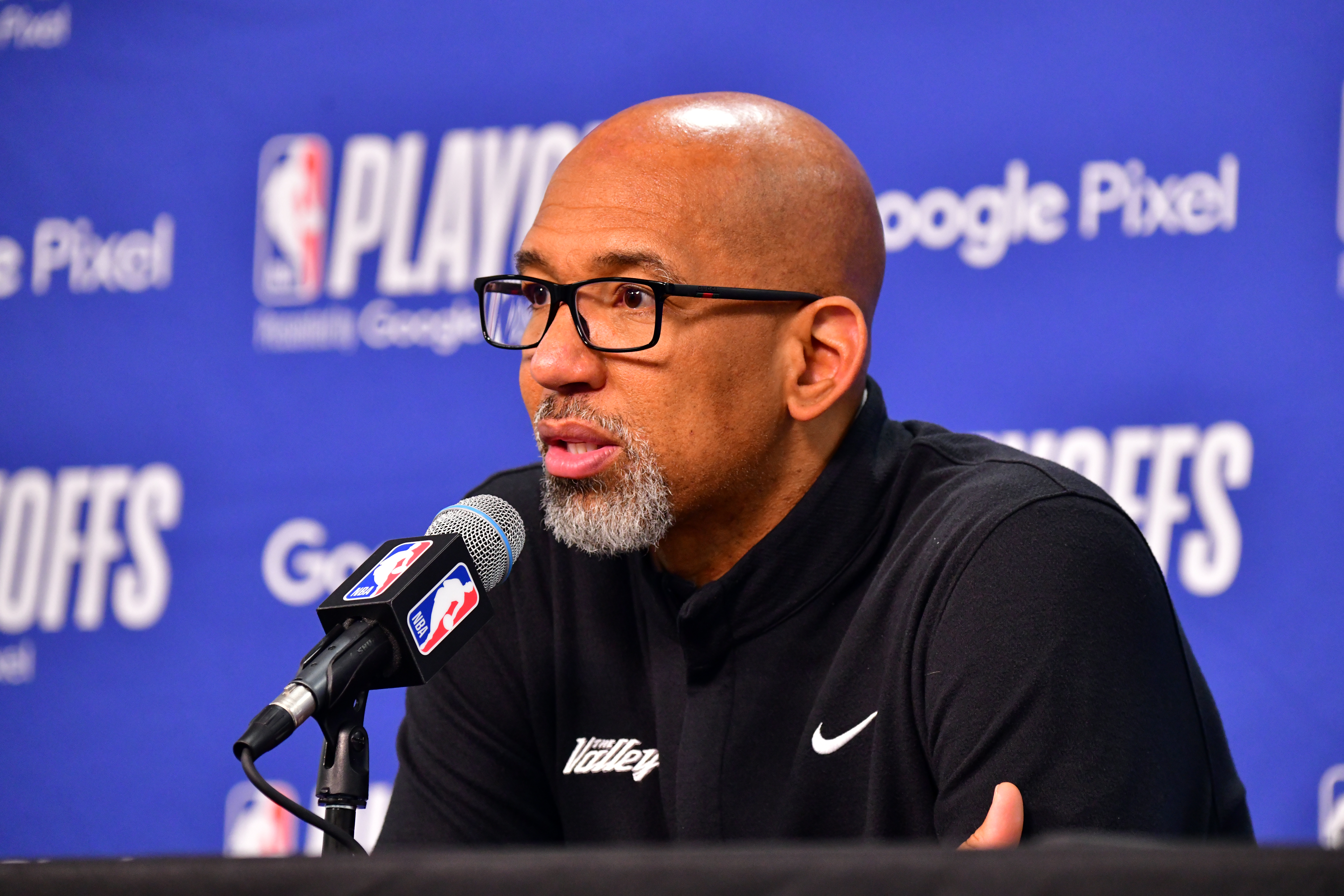 PHOENIX, AZ - MAY 4: Head Coach Monty Williams of the Phoenix Suns talks to the media after the game against the Dallas Mavericks during Game 2 of the 2022 NBA Playoffs Western Conference Semifinals on May 4, 2022 at Footprint Center in Phoenix, Arizona. NOTE TO USER: User expressly acknowledges and agrees that, by downloading and or using this photograph, user is consenting to the terms and conditions of the Getty Images License Agreement. Mandatory Copyright Notice: Copyright 2022 NBAE (Photo by Barry Gossage/NBAE via Getty Images)
