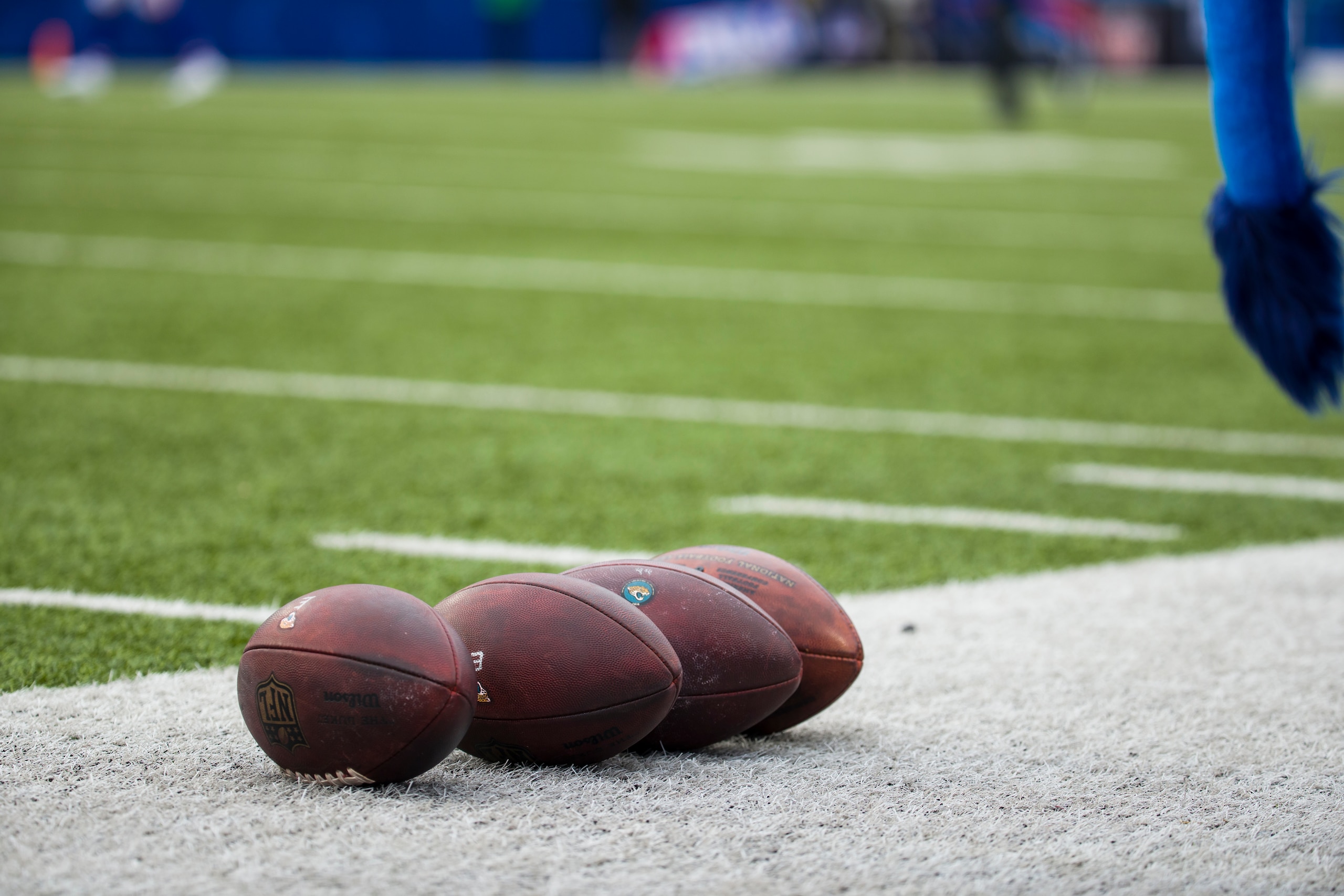 ORCHARD PARK, NY - NOVEMBER 25:  Wilson NFL footballs rest on the sideline before the game between the Buffalo Bills and the Jacksonville Jaguars at New Era Field on November 25, 2018 in Orchard Park, New York. Buffalo defeats Jacksonville 24-21.  (Photo by Brett Carlsen/Getty Images) *** Local Caption ***