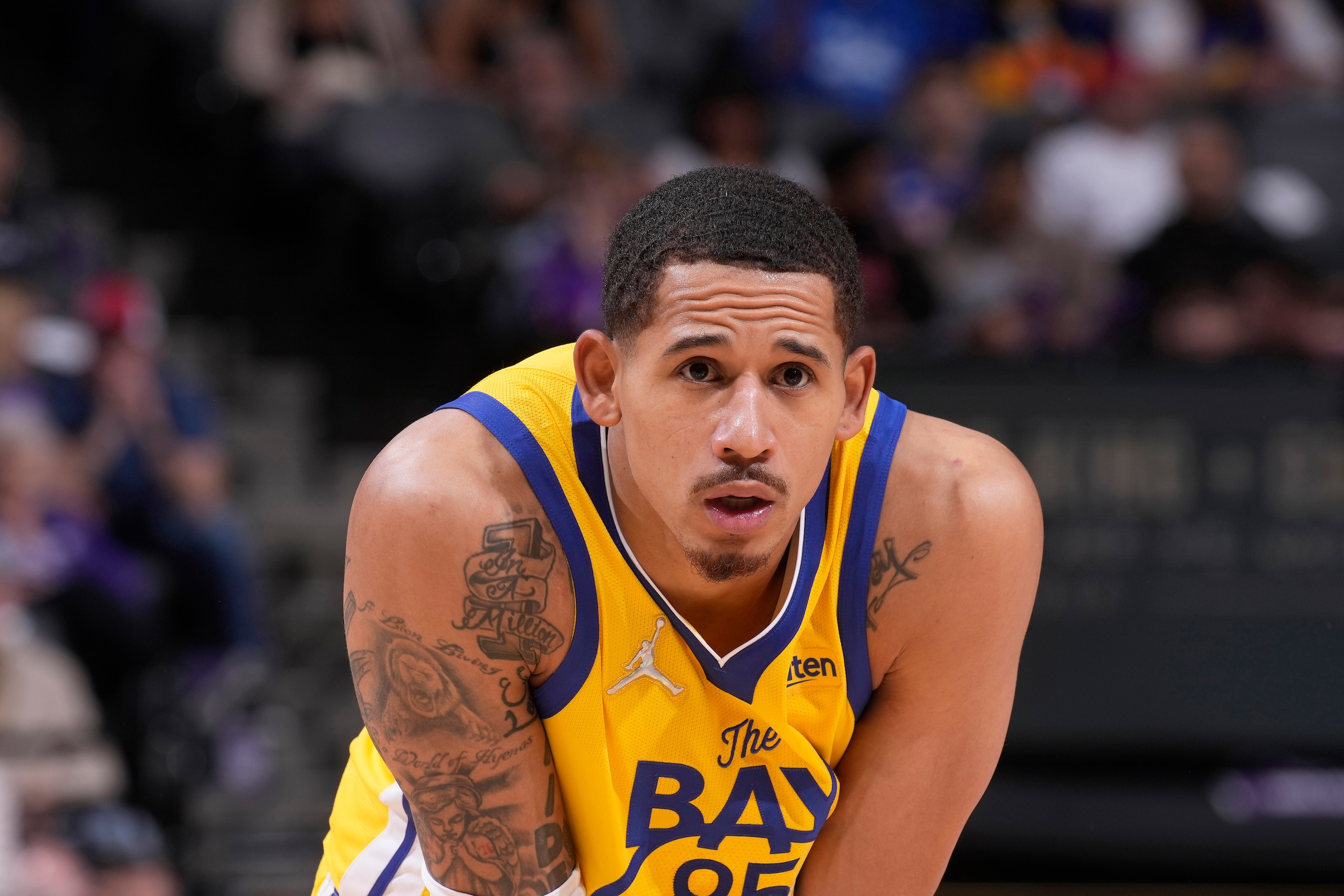 SACRAMENTO, CA - APRIL 3: Juan Toscano-Anderson #95 of the Golden State Warriors looks on during the game against the Sacramento Kings on April 3, 2022 at Golden 1 Center in Sacramento, California. NOTE TO USER: User expressly acknowledges and agrees that, by downloading and or using this photograph, User is consenting to the terms and conditions of the Getty Images Agreement. Mandatory Copyright Notice: Copyright 2022 NBAE (Photo by Rocky Widner/NBAE via Getty Images)