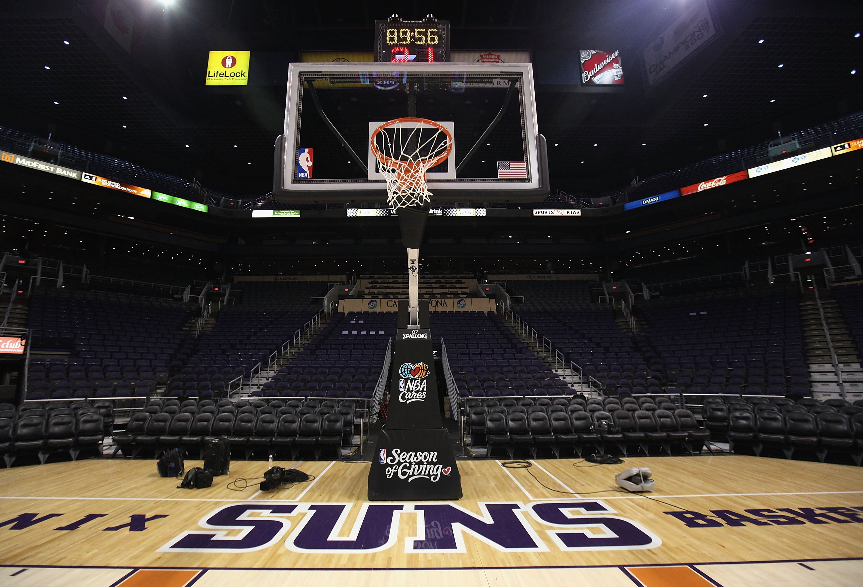 PHOENIX - DECEMBER 11:  The Phoenix Suns logo is seen on the court before the NBA game against the Orlando Magic at US Airways Center on December 11, 2009 in Phoenix, Arizona. The Suns defeated the Magic 106-103.  NOTE TO USER: User expressly acknowledges and agrees that, by downloading and or using this photograph, User is consenting to the terms and conditions of the Getty Images License Agreement.  (Photo by Christian Petersen/Getty Images)