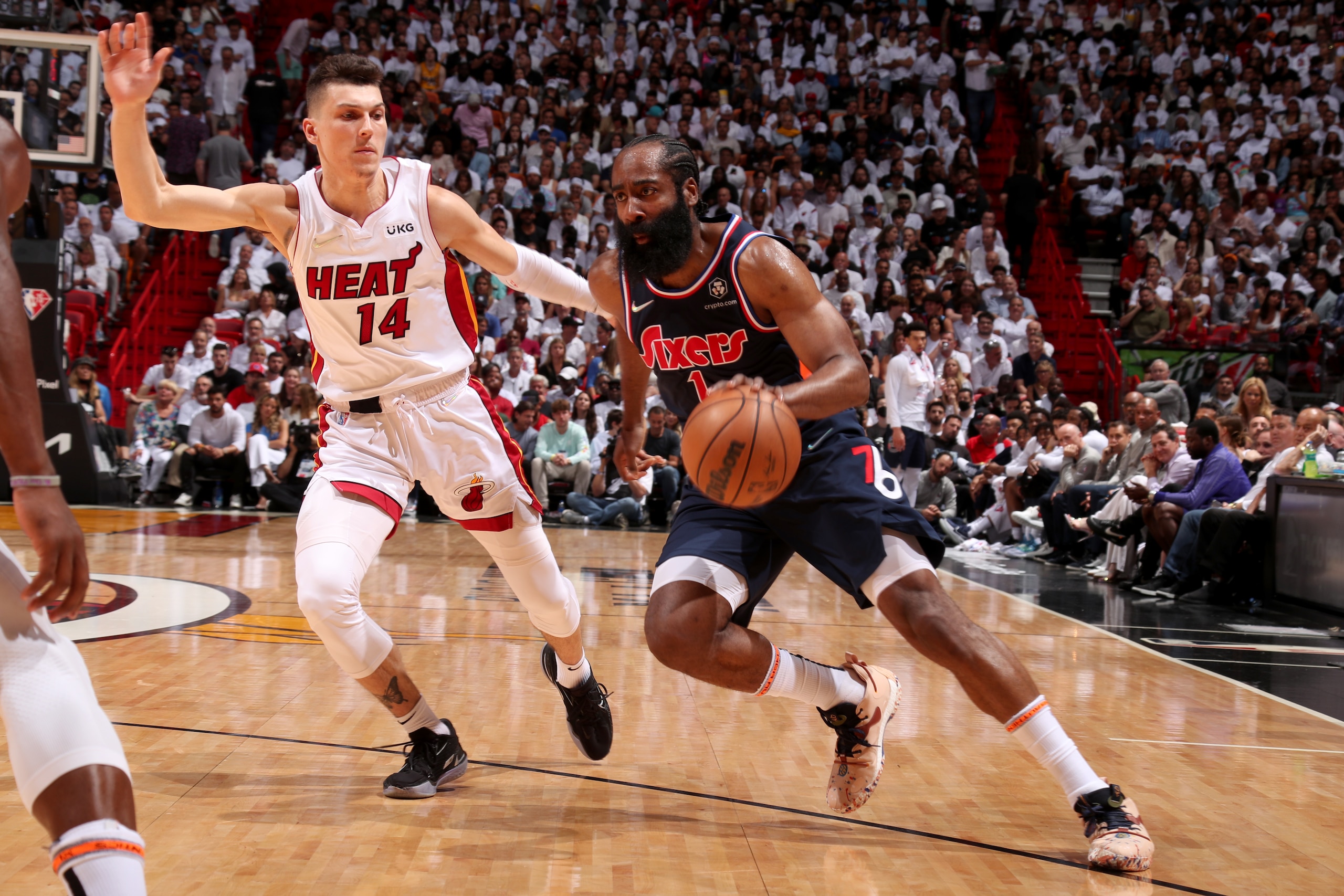 MIAMI, FL - MAY 10: James Harden #1 of the Philadelphia 76ers dribbles the ball during the game against the Miami Heat during Game 5 of the 2022 NBA Playoffs Eastern Conference Semifinals on May 10, 2022 at FTX Arena in Miami, Florida. NOTE TO USER: User expressly acknowledges and agrees that, by downloading and or using this Photograph, user is consenting to the terms and conditions of the Getty Images License Agreement. Mandatory Copyright Notice: Copyright 2022 NBAE (Photo by Issac Baldizon/NBAE via Getty Images) MIAMI, FL - MAY 10: James Harden #1 of the Philadelphia 76ers dribbles the ball during the game against the Miami Heat during Game 5 of the 2022 NBA Playoffs Eastern Conference Semifinals on May 10, 2022 at FTX Arena in Miami, Florida. NOTE TO USER: User expressly acknowledges and agrees that, by downloading and or using this Photograph, user is consenting to the terms and conditions of the Getty Images License Agreement. Mandatory Copyright Notice: Copyright 2022 NBAE (Photo by Issac Baldizon/NBAE via Getty Images)