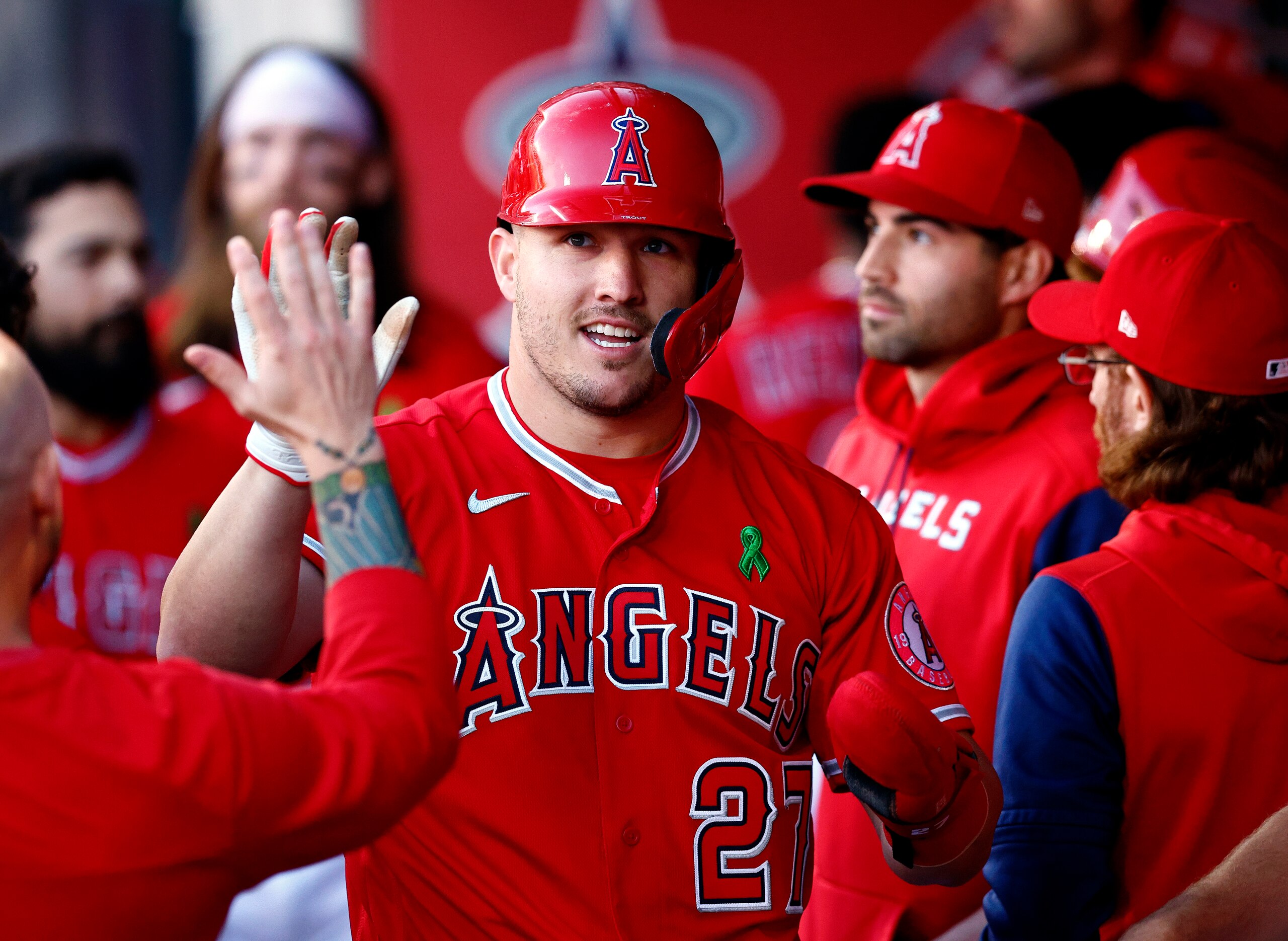 ANAHEIM, CALIFORNIA - MAY 10:  Mike Trout #27 of the Los Angeles Angels celebrates a run against the Tampa Bay Rays in the first inning at Angel Stadium of Anaheim on May 10, 2022 in Anaheim, California. (Photo by Ronald Martinez/Getty Images)
