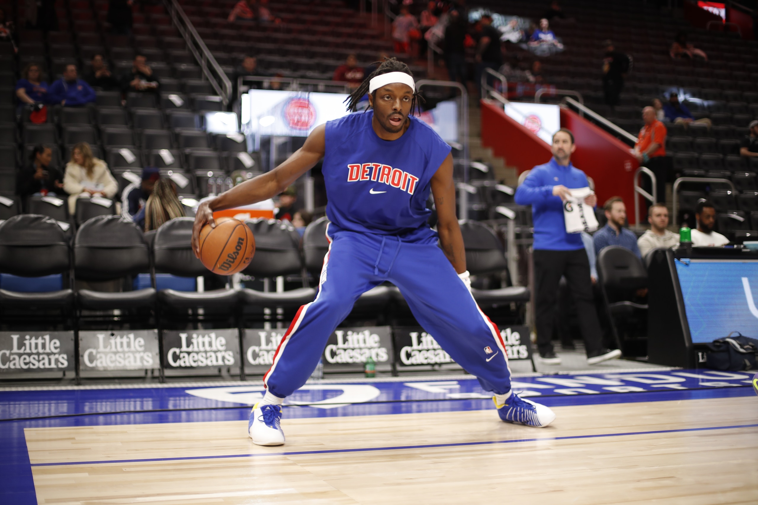 DETROIT, MI - MARCH 23: Jerami Grant #9 of the Detroit Pistons warms up before the game against the Atlanta Hawks on March 23, 2022 at Little Caesars Arena in Detroit, Michigan. NOTE TO USER: User expressly acknowledges and agrees that, by downloading and/or using this photograph, User is consenting to the terms and conditions of the Getty Images License Agreement. Mandatory Copyright Notice: Copyright 2022 NBAE (Photo by Brian Sevald/NBAE via Getty Images)