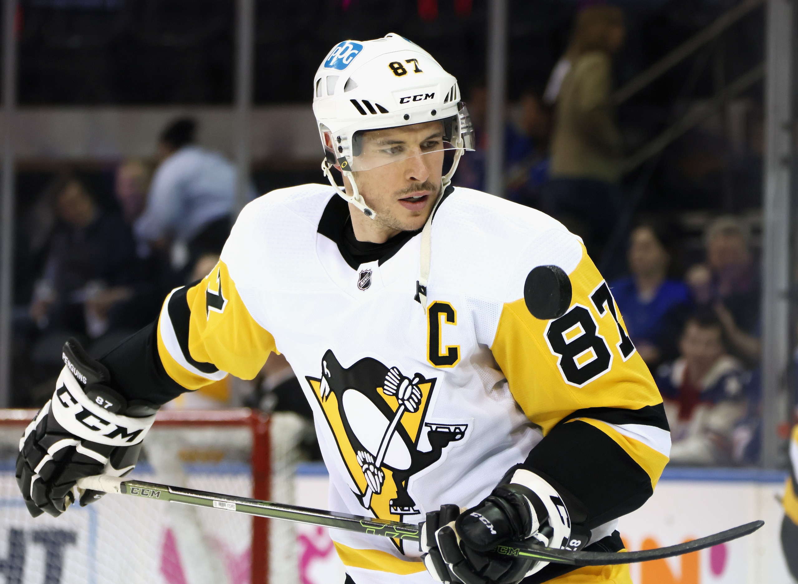 NEW YORK, NEW YORK - MAY 11: Sidney Crosby #87 of the Pittsburgh Penguins plays with the puck during warm-ups prior to playing against the New York Rangers in Game Five of the First Round of the 2022 Stanley Cup Playoffs at Madison Square Garden on May 11, 2022 in New York City. (Photo by Bruce Bennett/Getty Images)