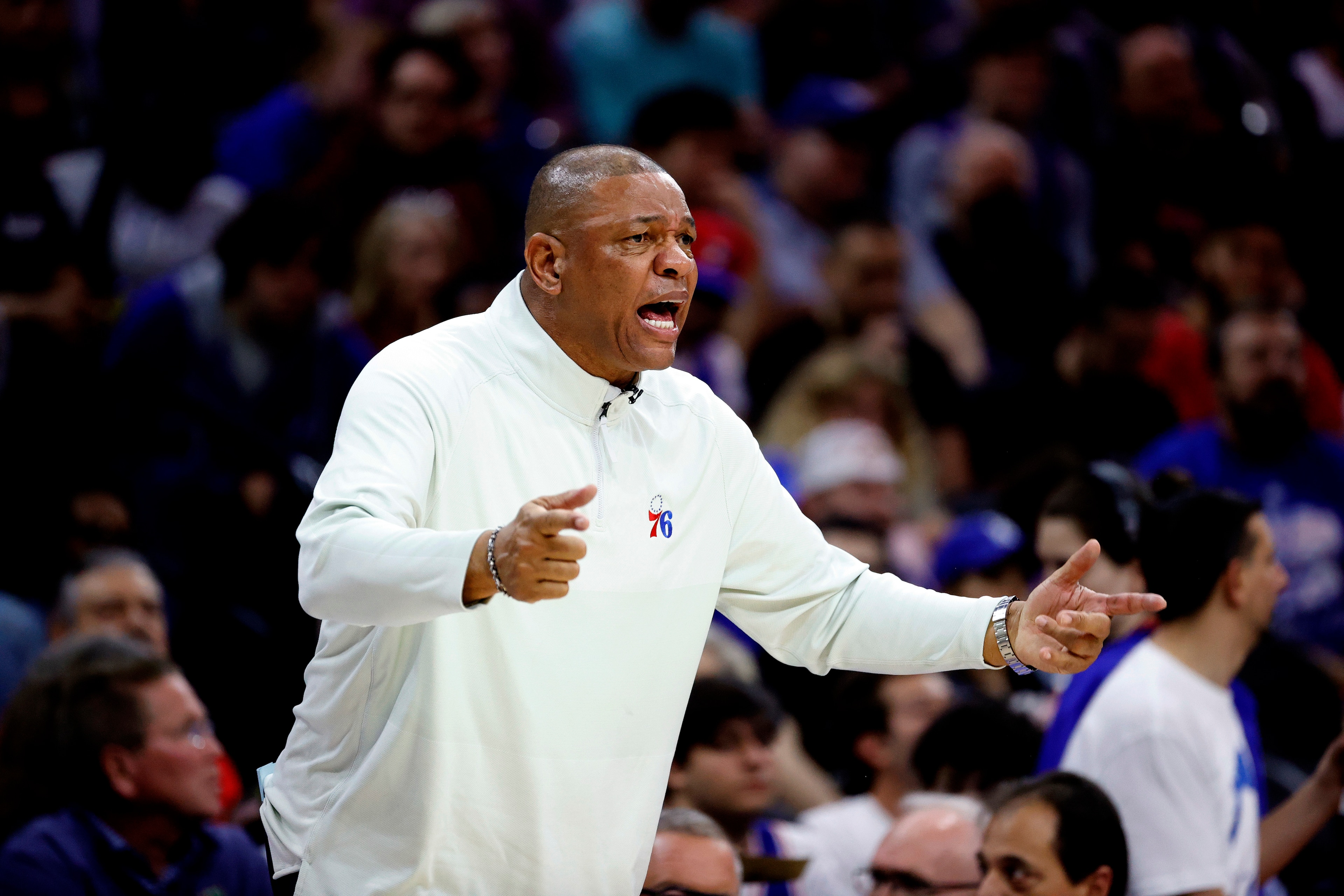 PHILADELPHIA, PENNSYLVANIA - MAY 12: Head coach Doc Rivers of the Philadelphia 76ers during play against the Miami Heat in Game Six of the 2022 NBA Playoffs Eastern Conference Semifinals at Wells Fargo Center on May 12, 2022 in Philadelphia, Pennsylvania. NOTE TO USER: User expressly acknowledges and agrees that, by downloading and/or using this photograph, User is consenting to the terms and conditions of the Getty Images License Agreement. (Photo by Tim Nwachukwu/Getty Images) PHILADELPHIA, PENNSYLVANIA - MAY 12: Head coach Doc Rivers of the Philadelphia 76ers during play against the Miami Heat in Game Six of the 2022 NBA Playoffs Eastern Conference Semifinals at Wells Fargo Center on May 12, 2022 in Philadelphia, Pennsylvania. NOTE TO USER: User expressly acknowledges and agrees that, by downloading and/or using this photograph, User is consenting to the terms and conditions of the Getty Images License Agreement. (Photo by Tim Nwachukwu/Getty Images)