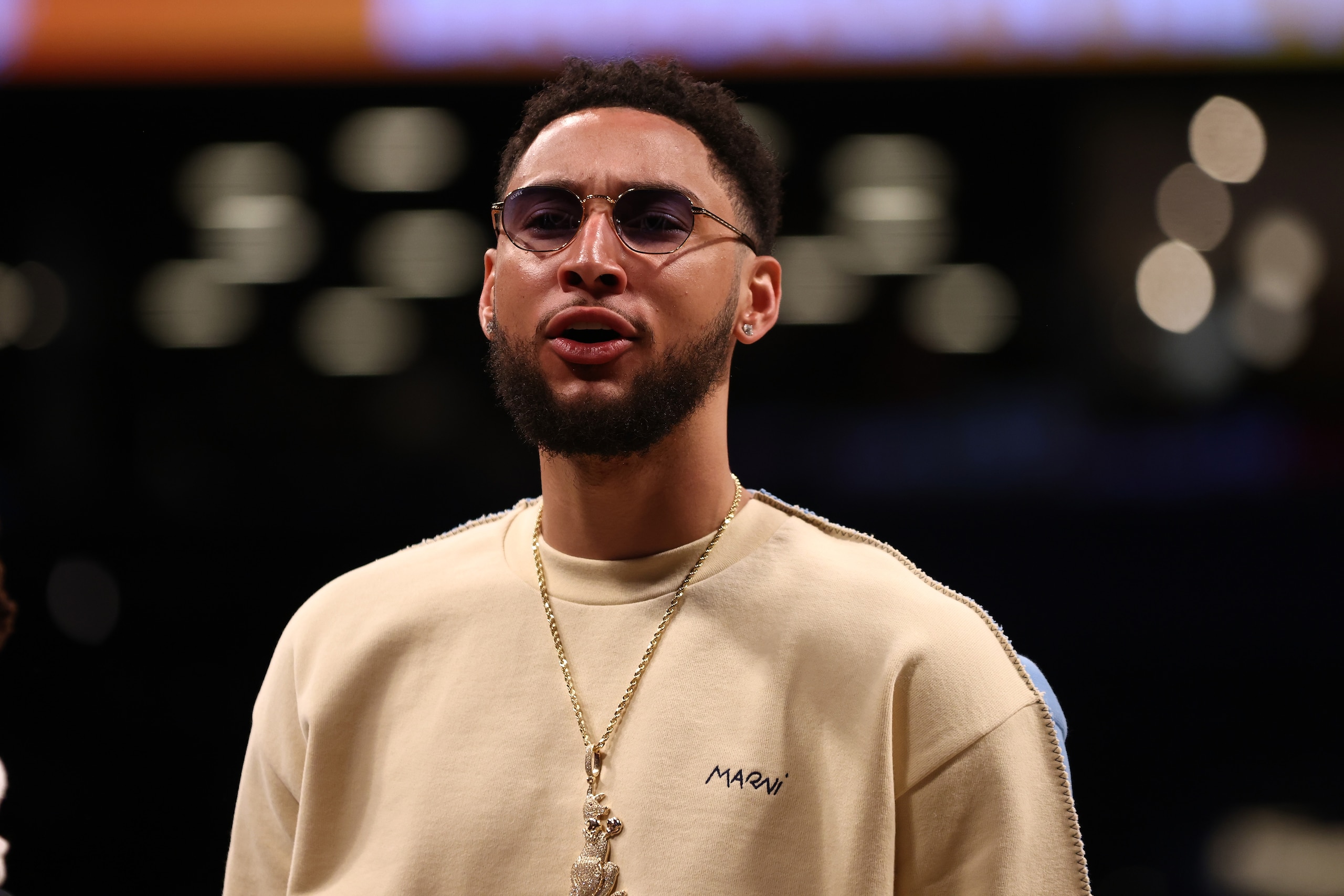 NEW YORK, NEW YORK - MARCH 29: Ben Simmons #10 of the Brooklyn Nets looks on from the bench against the Detroit Pistons at Barclays Center on March 29, 2022 in New York City. NOTE TO USER: User expressly acknowledges and agrees that, by downloading and or using this photograph, User is consenting to the terms and conditions of the Getty Images License Agreement. Brooklyn Nets defeated the Detroit Pistons 130-123. (Photo by Mike Stobe/Getty Images)