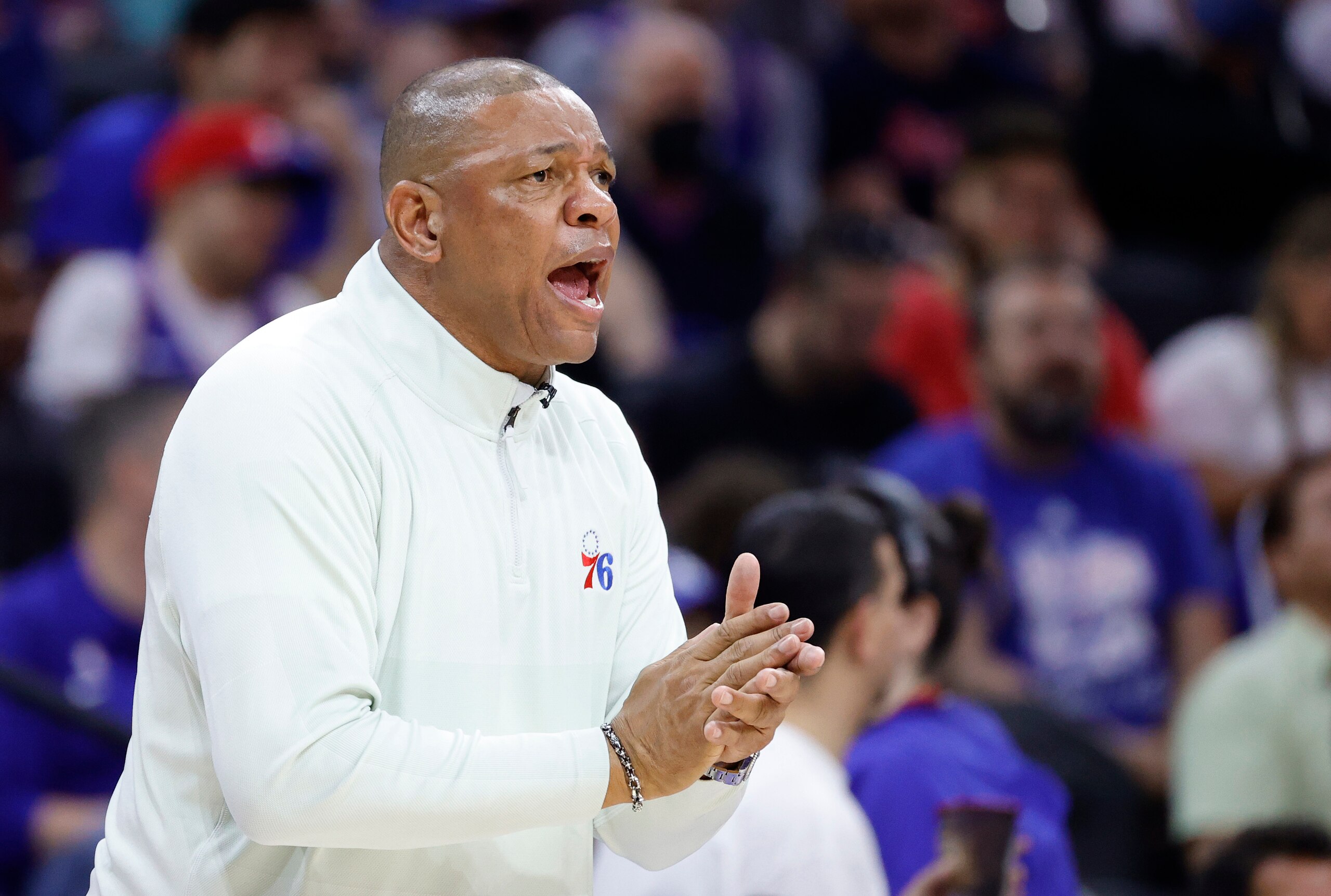 PHILADELPHIA, PENNSYLVANIA - MAY 12: Head coach Doc Rivers of the Philadelphia 76ers reacts during the second half against the Miami Heat in Game Six of the 2022 NBA Playoffs Eastern Conference Semifinals at Wells Fargo Center on May 12, 2022 in Philadelphia, Pennsylvania. NOTE TO USER: User expressly acknowledges and agrees that, by downloading and/or using this photograph, User is consenting to the terms and conditions of the Getty Images License Agreement. (Photo by Tim Nwachukwu/Getty Images) PHILADELPHIA, PENNSYLVANIA - MAY 12: Head coach Doc Rivers of the Philadelphia 76ers reacts during the second half against the Miami Heat in Game Six of the 2022 NBA Playoffs Eastern Conference Semifinals at Wells Fargo Center on May 12, 2022 in Philadelphia, Pennsylvania. NOTE TO USER: User expressly acknowledges and agrees that, by downloading and/or using this photograph, User is consenting to the terms and conditions of the Getty Images License Agreement. (Photo by Tim Nwachukwu/Getty Images)