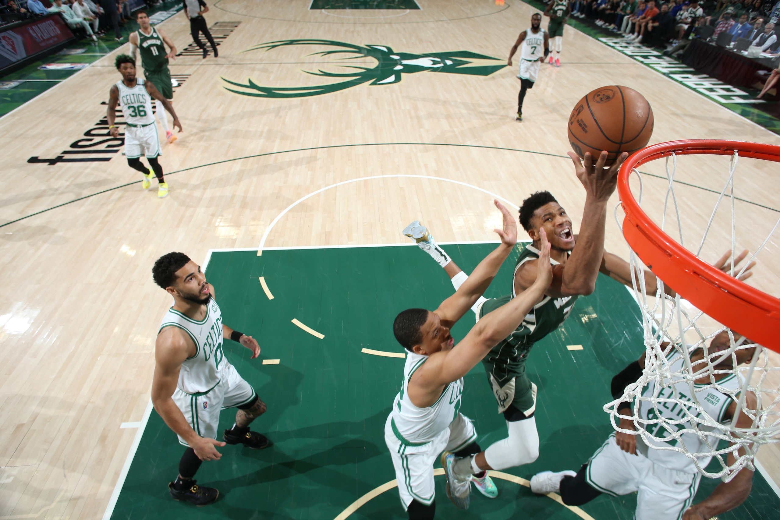MILWAUKEE, WI - MAY 13: Giannis Antetokounmpo #34 of the Milwaukee Bucks shoots the ball during the game against the Boston Celtics during Game 6 of the 2022 NBA Playoffs Eastern Conference Semifinals on May 13, 2022 at the Fiserv Forum Center in Milwaukee, Wisconsin. NOTE TO USER: User expressly acknowledges and agrees that, by downloading and or using this Photograph, user is consenting to the terms and conditions of the Getty Images License Agreement. Mandatory Copyright Notice: Copyright 2022 NBAE (Photo by Gary Dineen/NBAE via Getty Images).