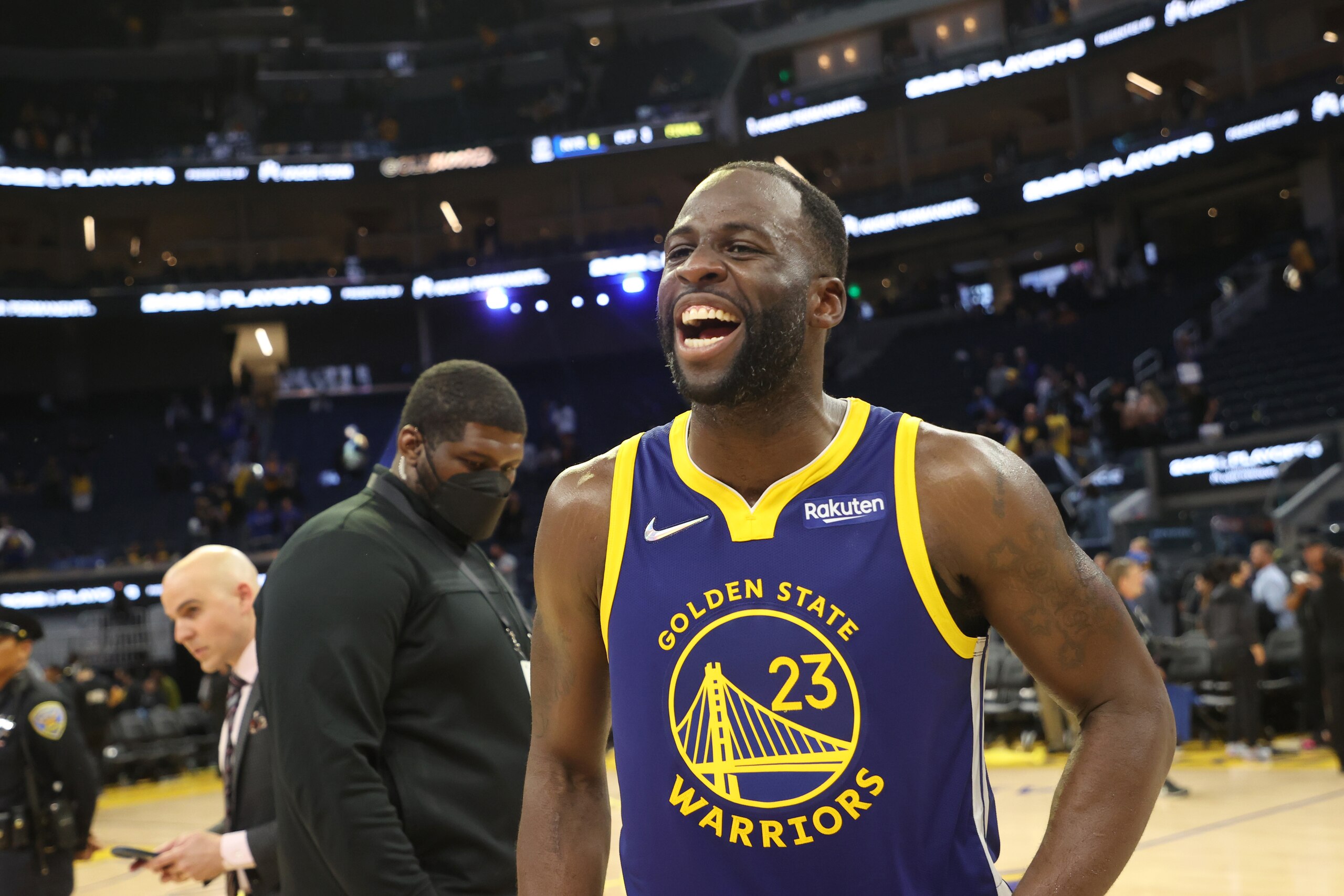 San Francisco, CA - MAY 13:  Draymond Green #23 of the Golden State Warriors celebrates after Game 6 of the 2022 NBA Playoffs Western Conference Semifinals on May 13, 2021 at Chase Center in San Francisco, California. NOTE TO USER: User expressly acknowledges and agrees that, by downloading and or using this photograph, User is consenting to the terms and conditions of the Getty Images License Agreement. Mandatory Copyright Notice: Copyright 2021 NBAE (Photo by Joe Murphy/NBAE via Getty Images)