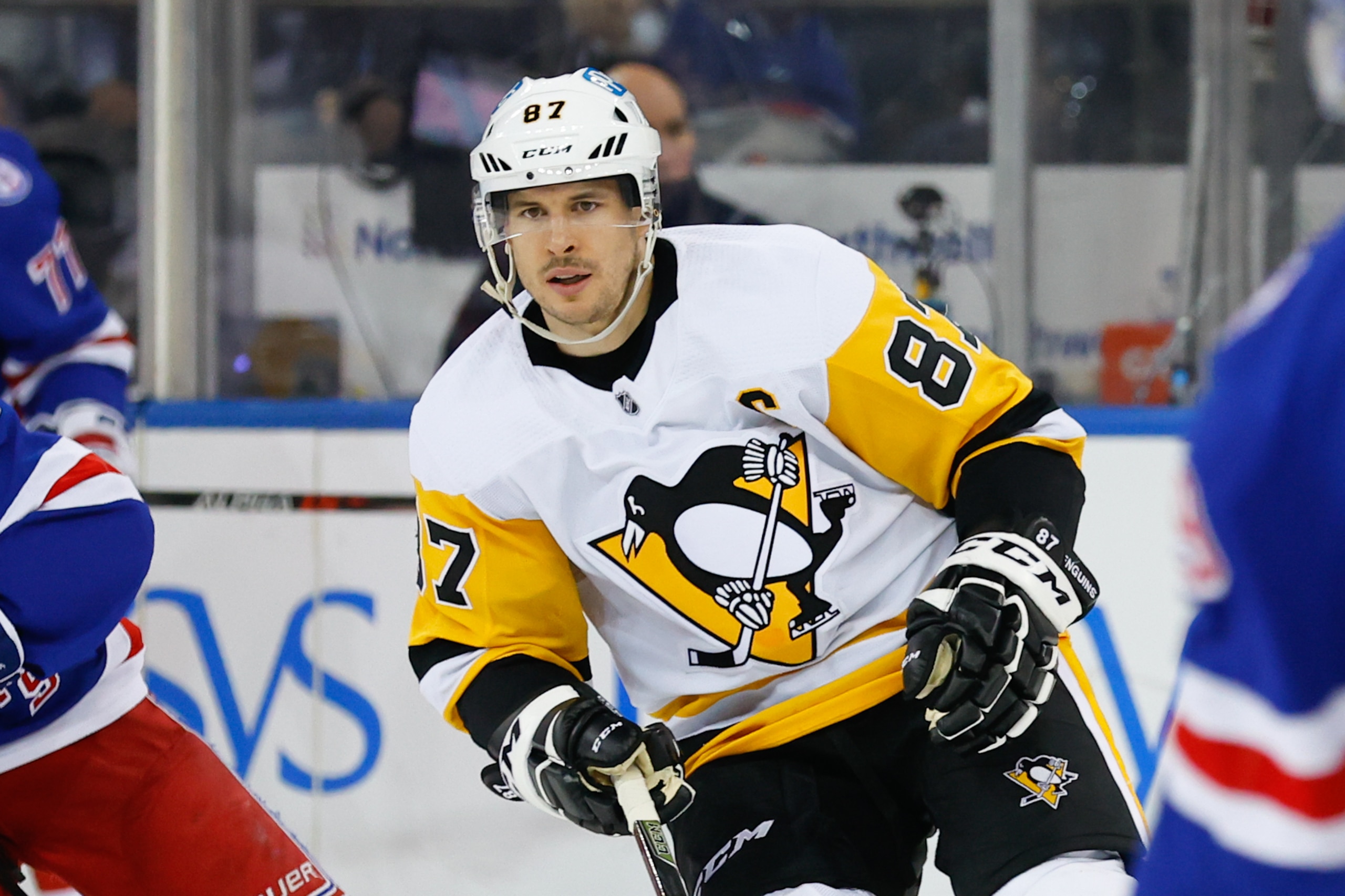NEW YORK, NY - MAY 11:  Pittsburgh Penguins center Sidney Crosby (87) skates during  game 5 of round 1 of the Stanley Cup Playoffs between the New York Rangers and the Pittsburgh Penguins on May 11, 2022 at Madison Square Garden in New York City, New York (Photo by Rich Graessle/Icon Sportswire via Getty Images)