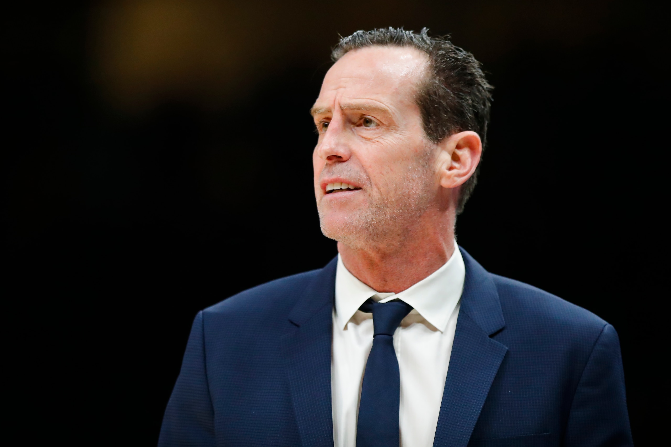 ATLANTA, GA - FEBRUARY 28: Kenny Atkinson of the Brooklyn Nets reacts during the first half of an NBA game against the Atlanta Hawks at State Farm Arena on February 28, 2020 in Atlanta, Georgia. NOTE TO USER: User expressly acknowledges and agrees that, by downloading and/or using this photograph, user is consenting to the terms and conditions of the Getty Images License Agreement. (Photo by Todd Kirkland/Getty Images)