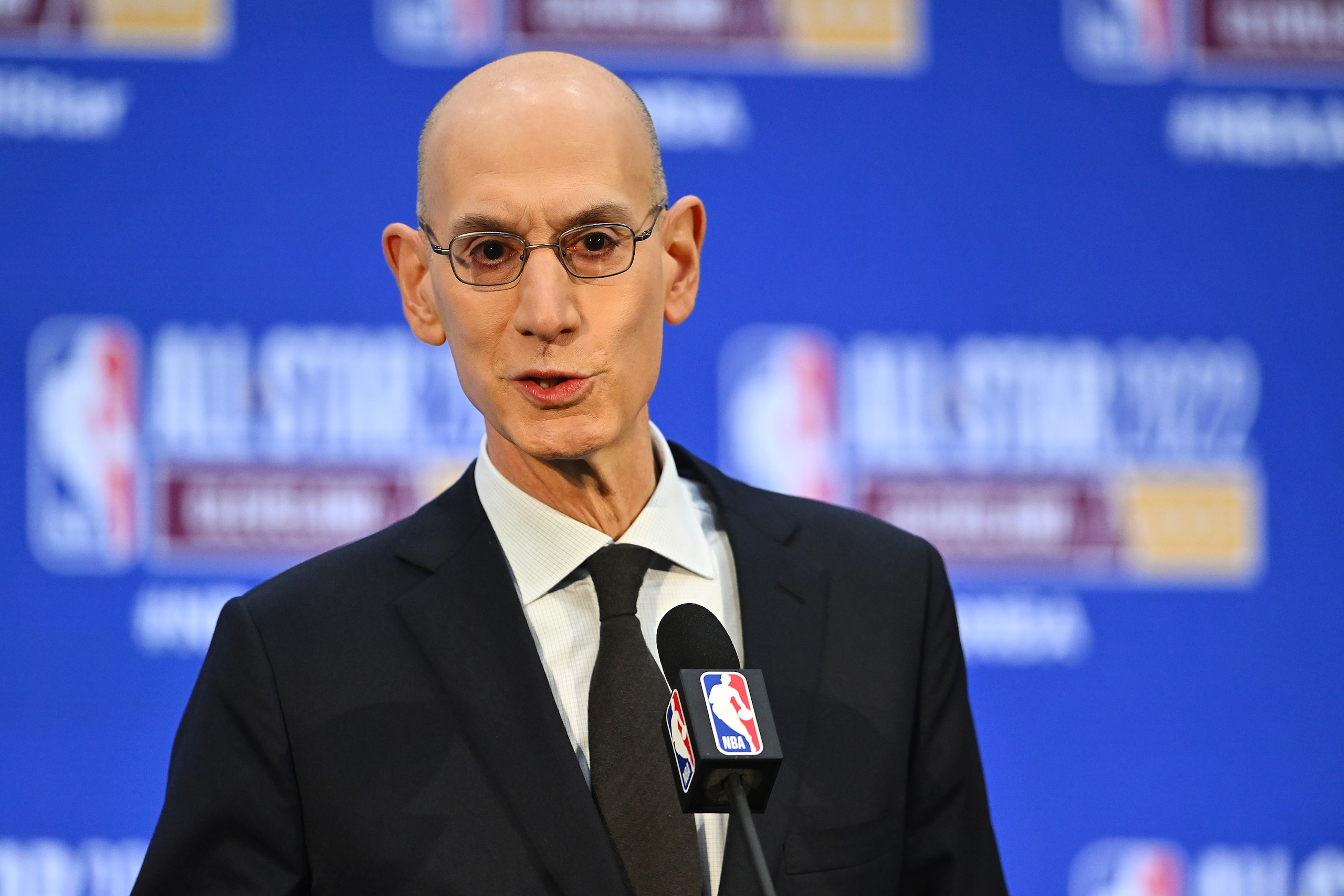 CLEVELAND, OHIO - FEBRUARY 19: NBA Commissioner Adam Silver speaks to the media during a press conference as part of the 2022 All-Star Weekend at Rocket Mortgage Fieldhouse on February 19, 2022 in Cleveland, Ohio. NOTE TO USER: User expressly acknowledges and agrees that, by downloading and or using this photograph, User is consenting to the terms and conditions of the Getty Images License Agreement. (Photo by Jason Miller/Getty Images) CLEVELAND, OHIO - FEBRUARY 19: NBA Commissioner Adam Silver speaks to the media during a press conference as part of the 2022 All-Star Weekend at Rocket Mortgage Fieldhouse on February 19, 2022 in Cleveland, Ohio. NOTE TO USER: User expressly acknowledges and agrees that, by downloading and or using this photograph, User is consenting to the terms and conditions of the Getty Images License Agreement. (Photo by Jason Miller/Getty Images)