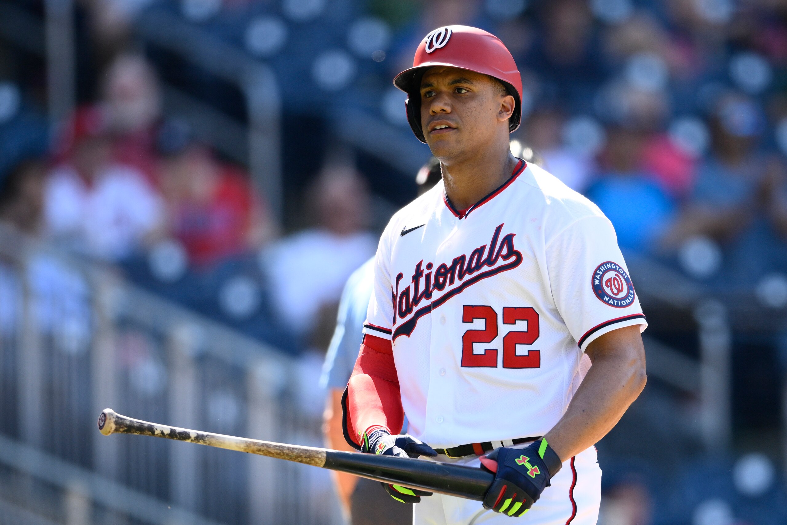 Washington Nationals' Juan Soto looks on during a baseball game against the Houston Astros, Sunday, May 15, 2022, in Washington. The Astros won 8-0.(AP Photo/Nick Wass)