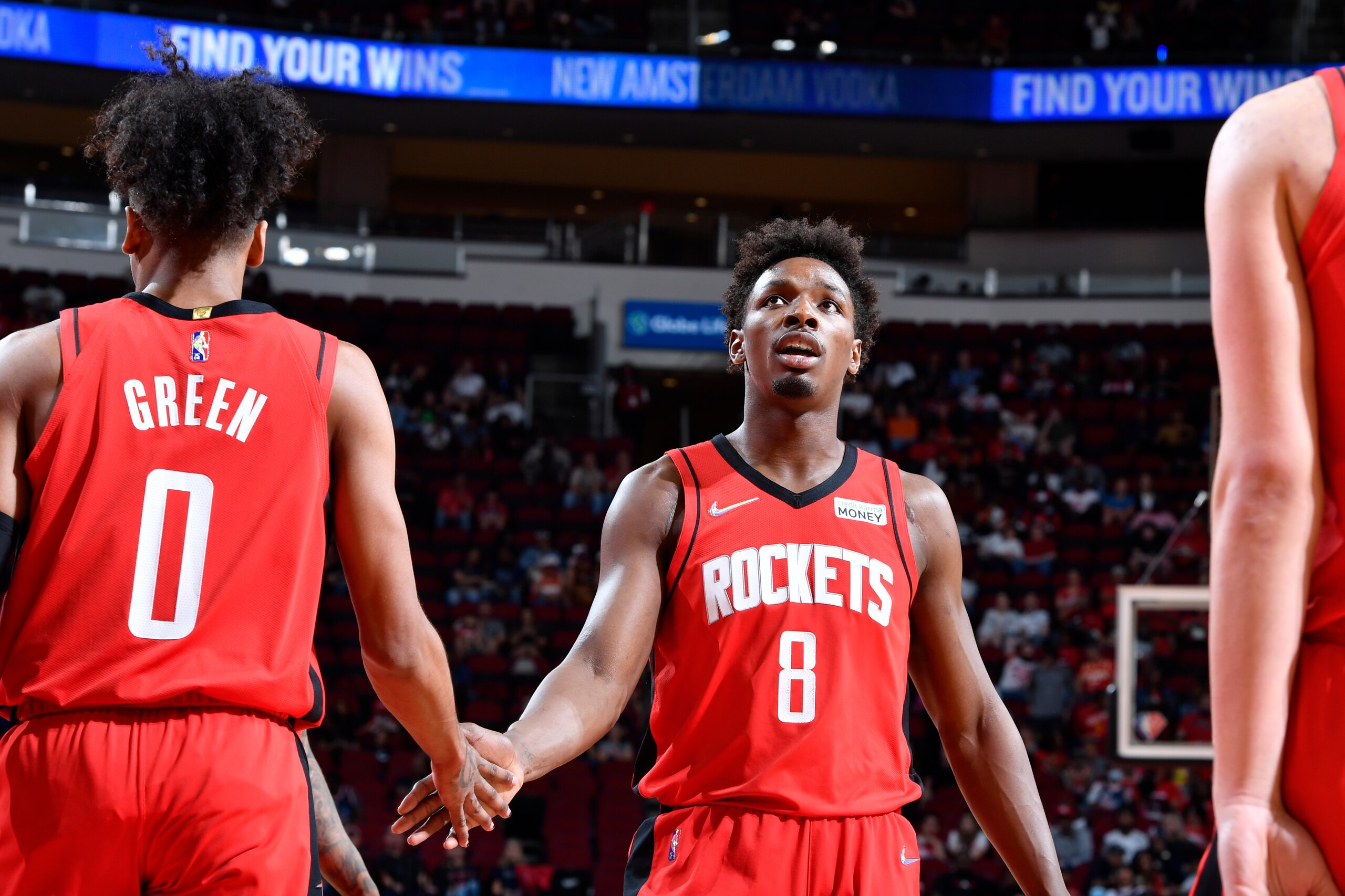 HOUSTON, TX - APRIL 10: Jalen Green #0 hi-fives Jae'Sean Tate #8 of the Houston Rockets during the game against the Atlanta Hawks on April 10, 2022 at the Toyota Center in Houston, Texas. NOTE TO USER: User expressly acknowledges and agrees that, by downloading and or using this photograph, User is consenting to the terms and conditions of the Getty Images License Agreement. Mandatory Copyright Notice: Copyright 2022 NBAE (Photo by Logan Riely/NBAE via Getty Images) HOUSTON, TX - APRIL 10: Jalen Green #0 hi-fives Jae'Sean Tate #8 of the Houston Rockets during the game against the Atlanta Hawks on April 10, 2022 at the Toyota Center in Houston, Texas. NOTE TO USER: User expressly acknowledges and agrees that, by downloading and or using this photograph, User is consenting to the terms and conditions of the Getty Images License Agreement. Mandatory Copyright Notice: Copyright 2022 NBAE (Photo by Logan Riely/NBAE via Getty Images)