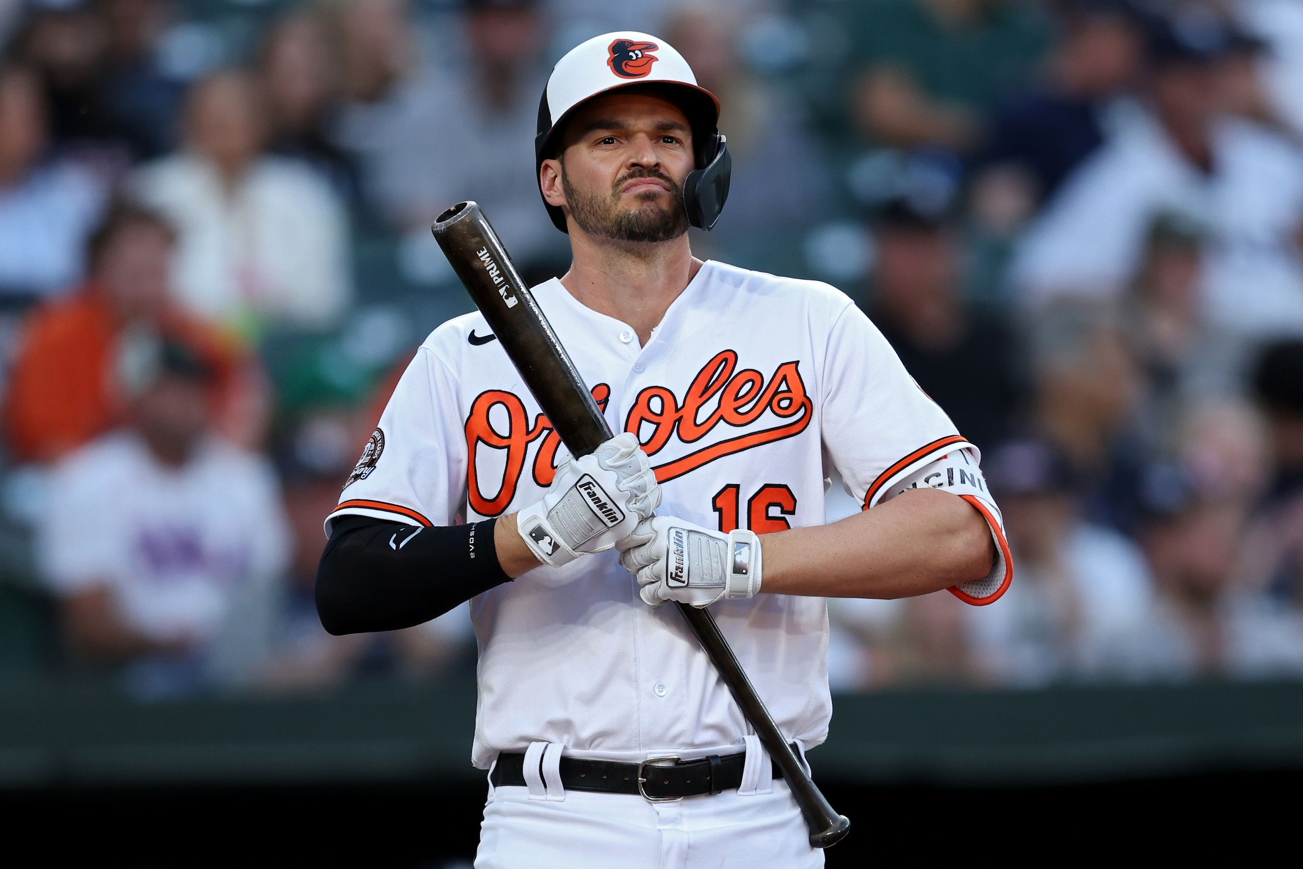 BALTIMORE, MARYLAND - MAY 17: Trey Mancini #16 of the Baltimore Orioles reacts during the second inning against the New York Yankees at Oriole Park at Camden Yards on May 17, 2022 in Baltimore, Maryland. (Photo by Patrick Smith/Getty Images)