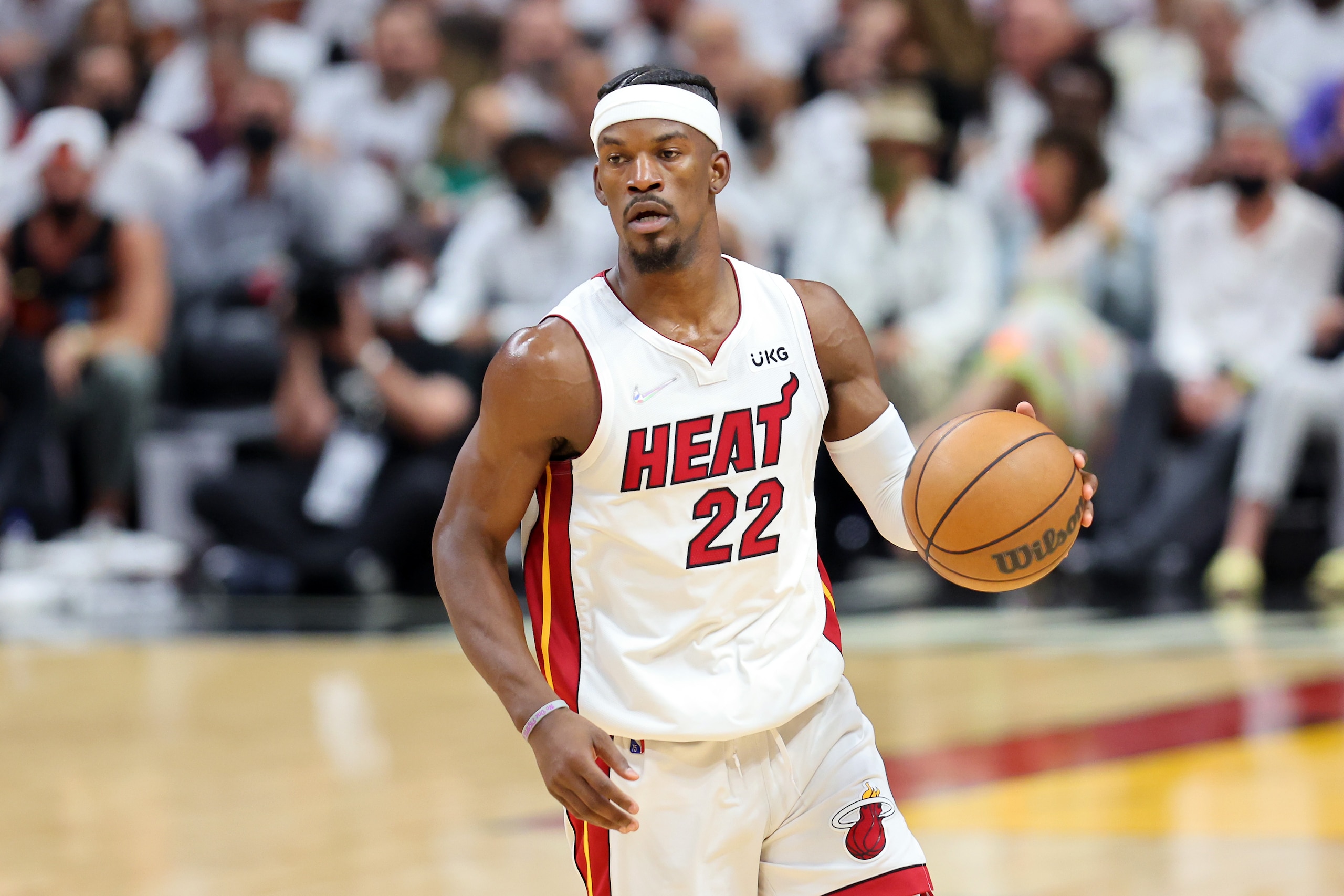 MIAMI, FLORIDA - MAY 19: Jimmy Butler #22 of the Miami Heat brings the ball up court during the first quarter against the Boston Celtics in Game Two of the 2022 NBA Playoffs Eastern Conference Finals at FTX Arena on May 19, 2022 in Miami, Florida. NOTE TO USER: User expressly acknowledges and agrees that, by downloading and or using this photograph, User is consenting to the terms and conditions of the Getty Images License Agreement. (Photo by Michael Reaves/Getty Images)
