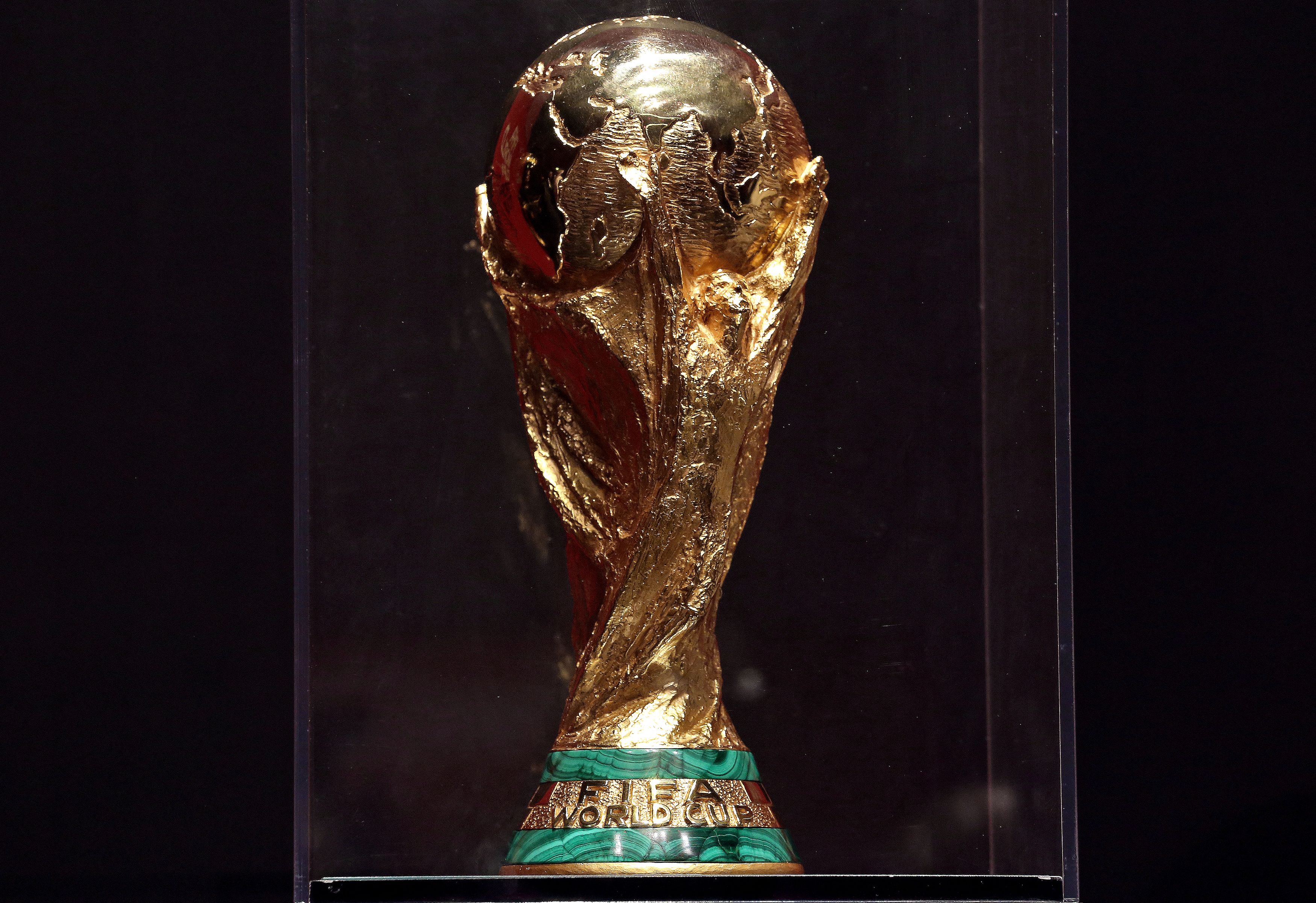 The FIFA World Cup trophy is on display during an event at Sheikh Jaber al-Ahmad Cultural Centre in Kuwait City on May 16, 2022. (Photo by YASSER AL-ZAYYAT / AFP) (Photo by YASSER AL-ZAYYAT/AFP via Getty Images)