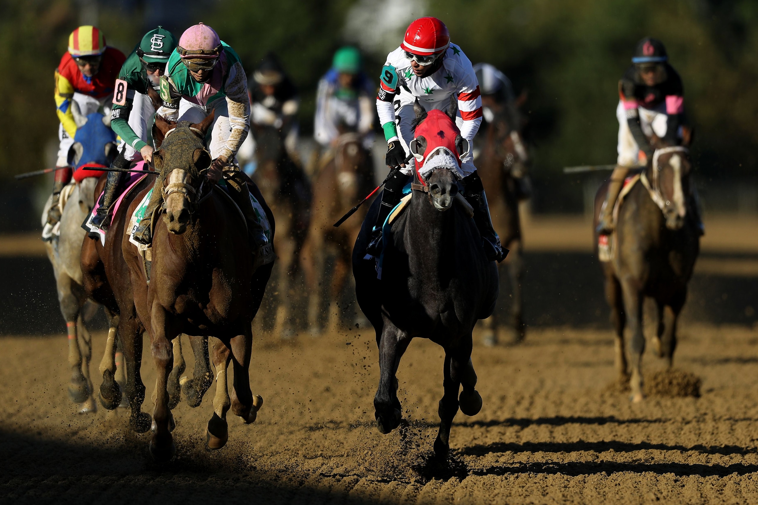 BALTIMORE, MARYLAND - OCTOBER 03: Jockey Daniel Centeno rides Miss Marissa to victory in The 96th Running of the Black-Eyed Susan Stakes at Pimlico Race Course on October 3, 2020 in Baltimore, Maryland. Typically the second leg of the Triple Crown, and scheduled for May 16, the race was moved to October 3 without fans due to the coronavirus pandemic. (Photo by Patrick Smith/Getty Images)