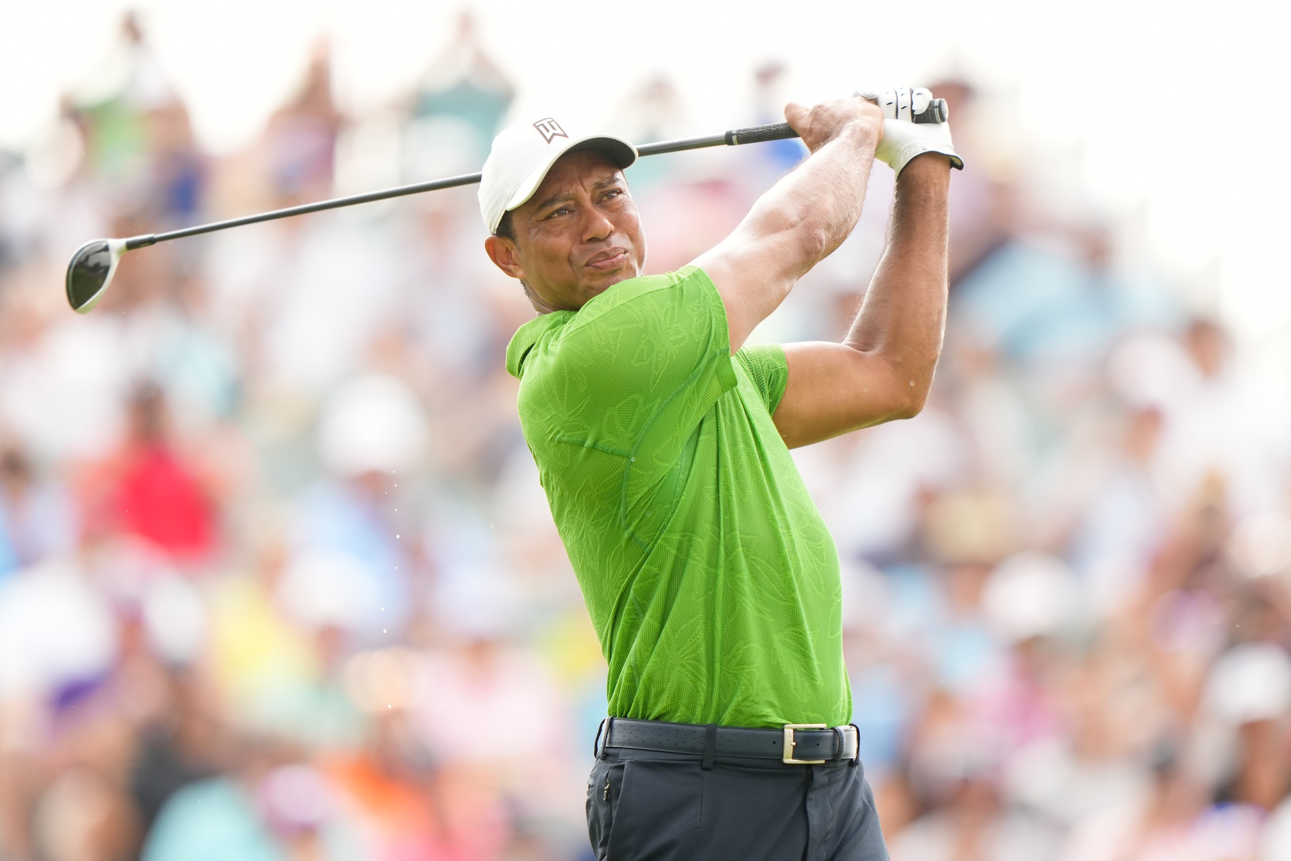 TULSA, OK - MAY 20: Tiger Woods hits his shot from the tenth tee during the second round of the 2022 PGA Championship at the Southern Hills on May 20, 2022 in Tulsa, Oklahoma. (Photo by Darren Carroll/PGA of America)